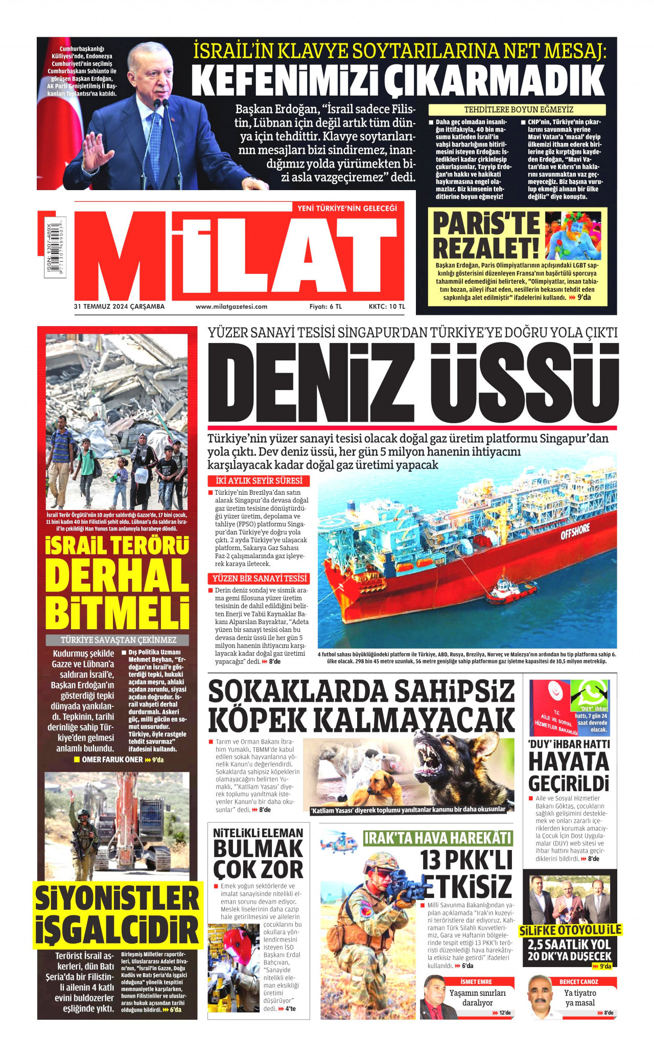 MİLAT gazetesinin 31 Temmuz 2024 tarihli birinci sayfası