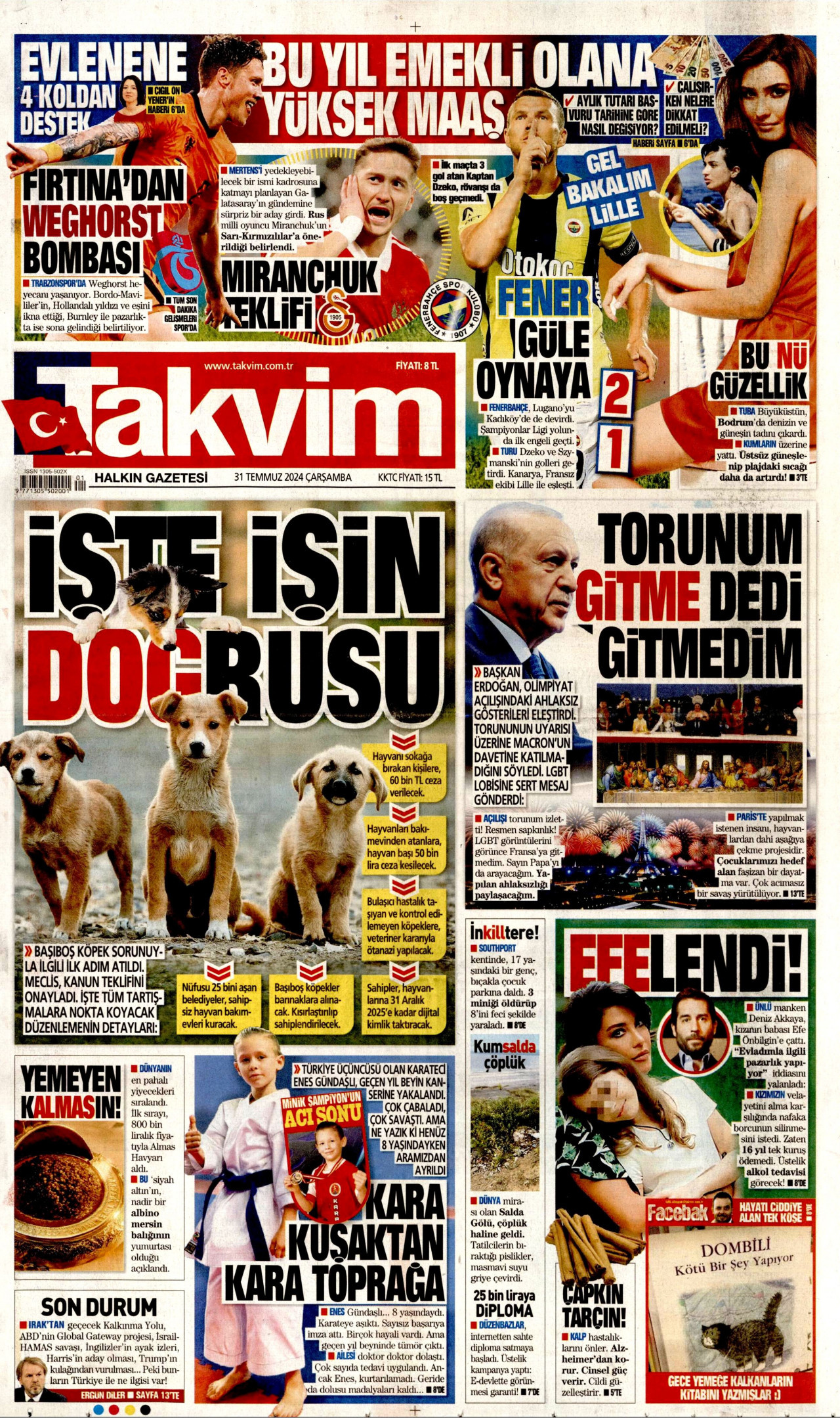 TAKVİM gazetesinin 31 Temmuz 2024 tarihli birinci sayfası