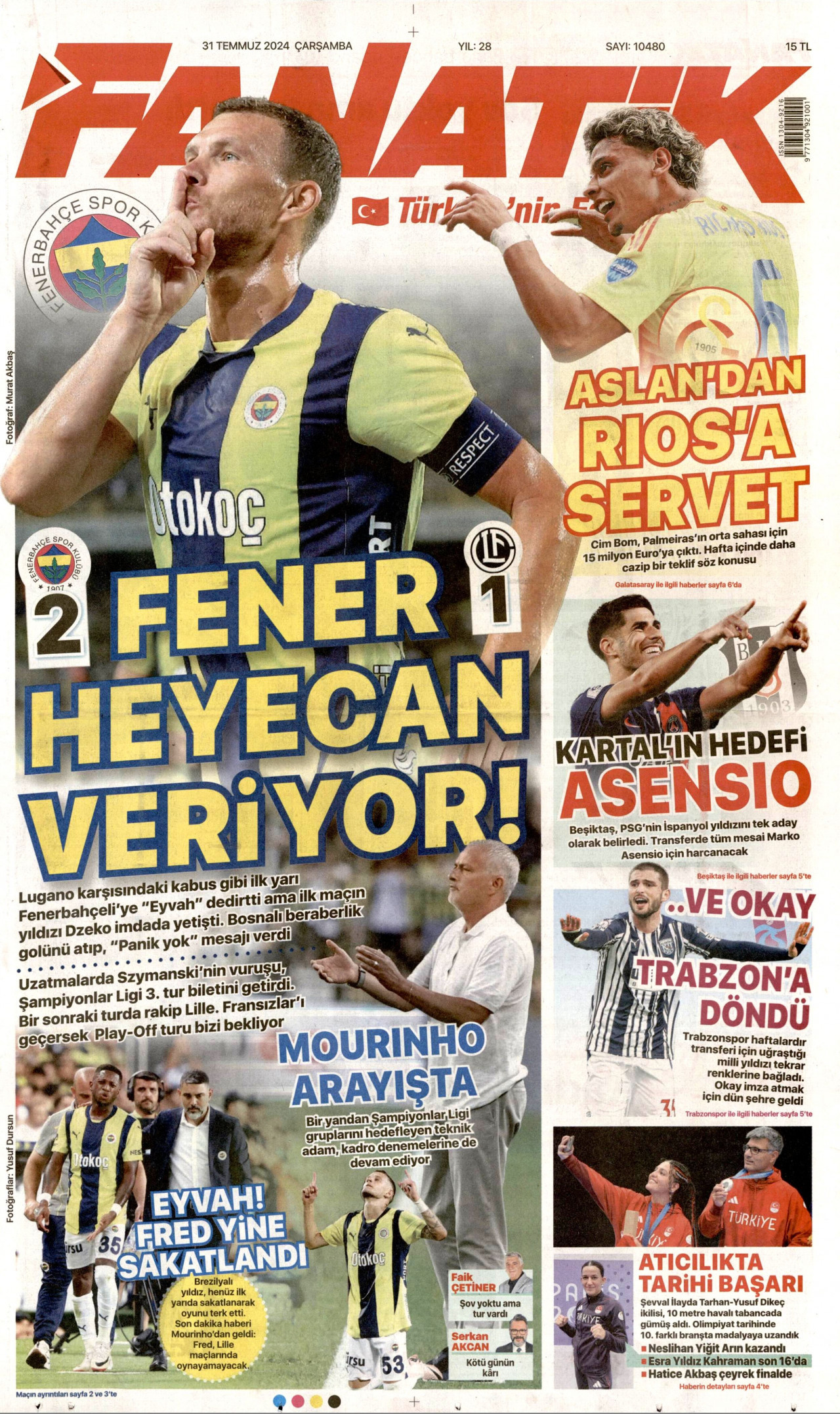 FANATİK gazetesinin 31 Temmuz 2024 tarihli birinci sayfası