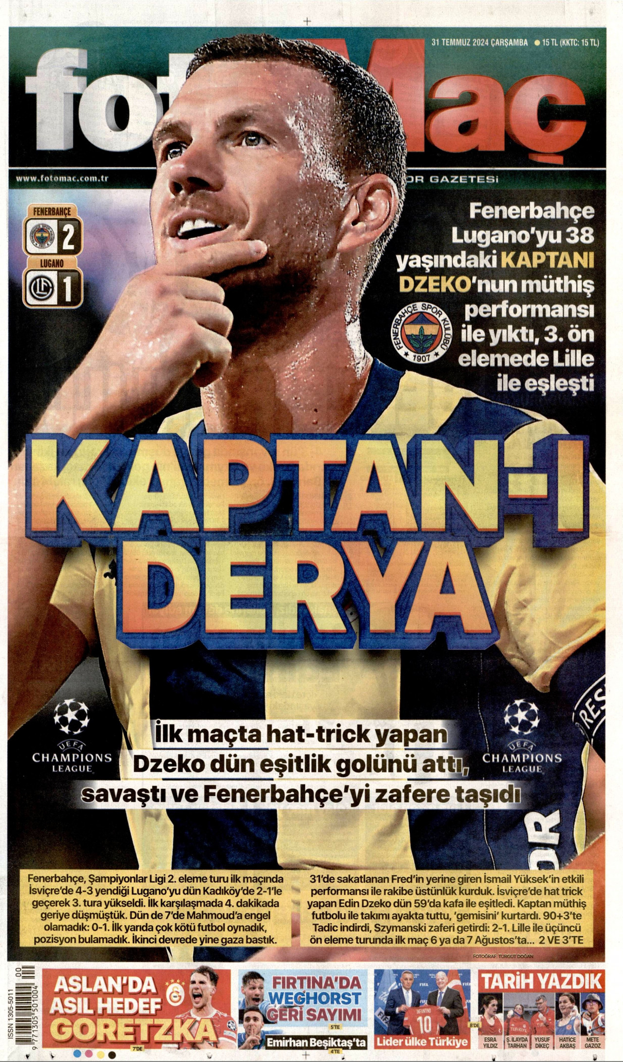FOTOMAÇ gazetesinin 31 Temmuz 2024 tarihli birinci sayfası