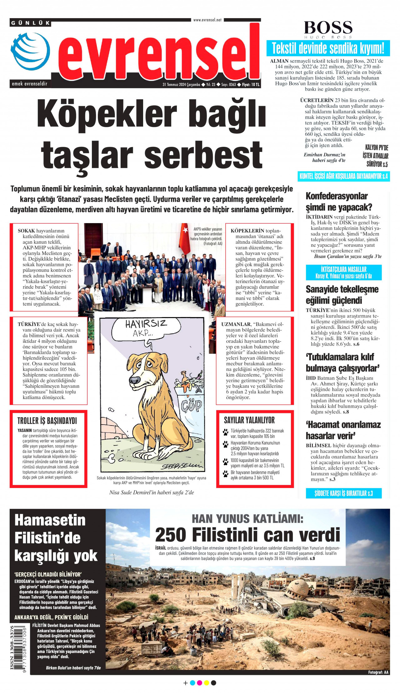 EVRENSEL gazetesinin 31 Temmuz 2024 tarihli birinci sayfası