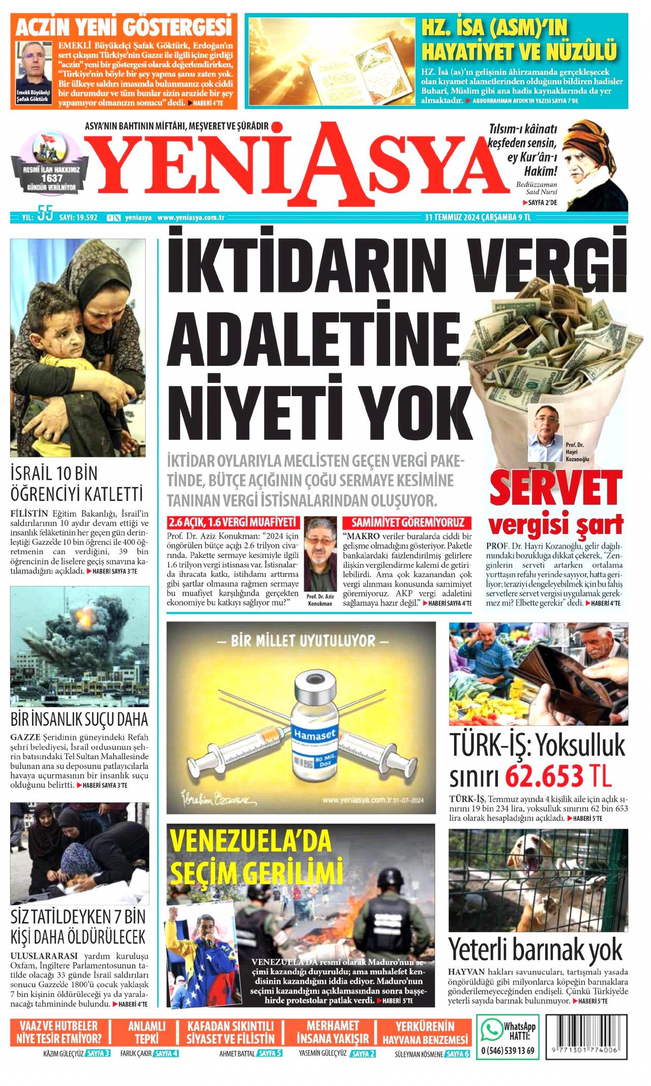 YENİ ASYA gazetesinin 31 Temmuz 2024 tarihli birinci sayfası