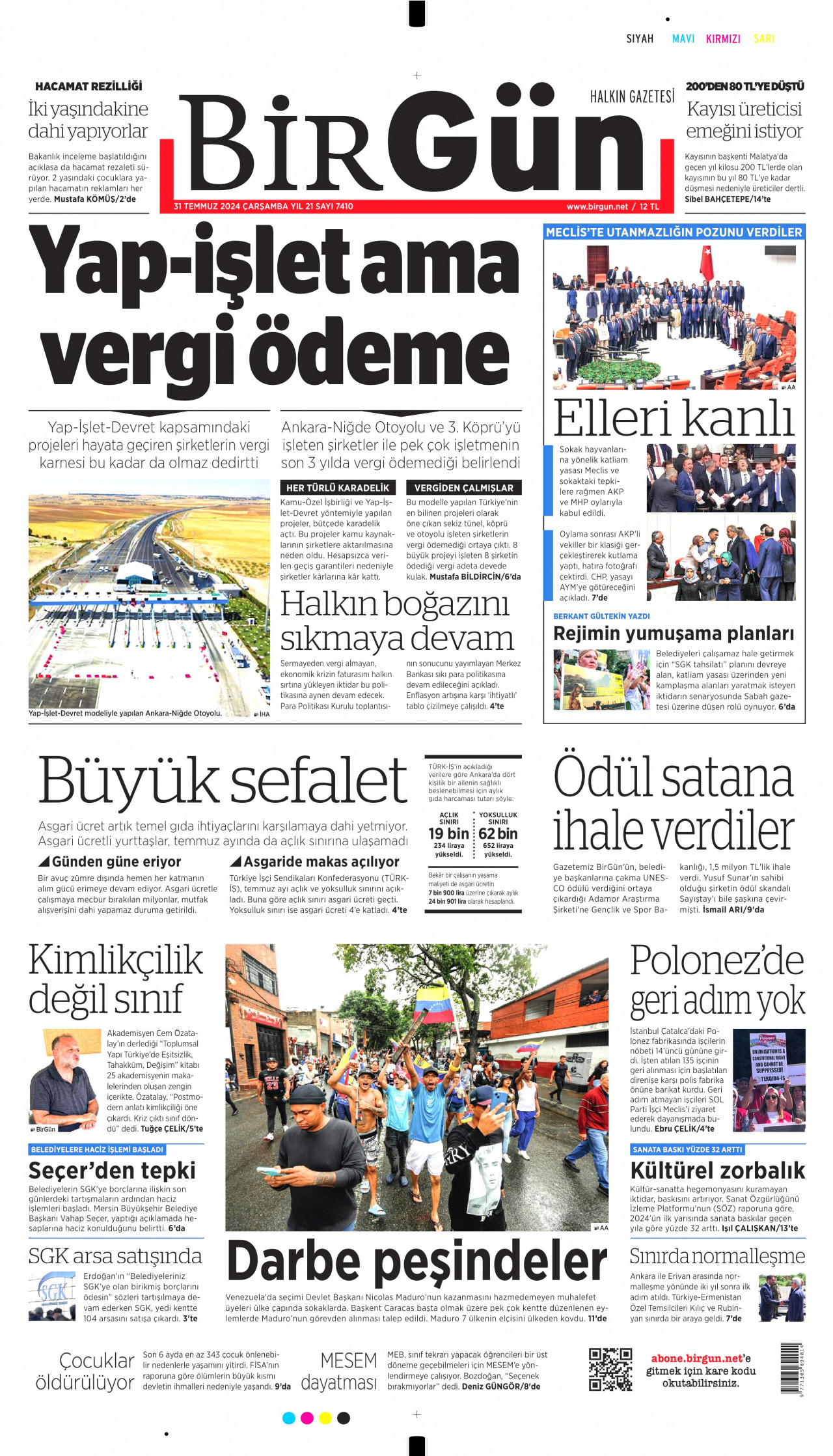 BİRGÜN gazetesinin 31 Temmuz 2024 tarihli birinci sayfası