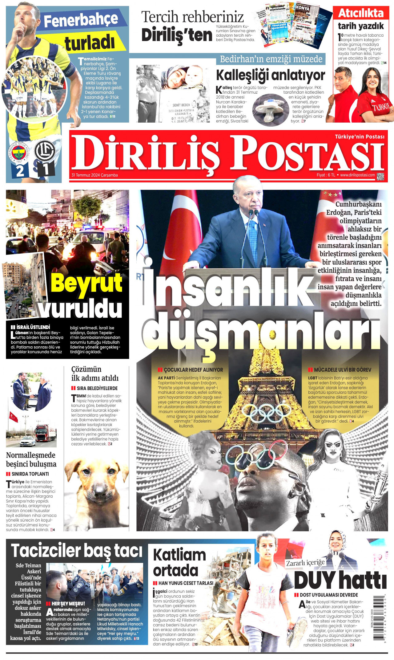 DİRİLİŞ POSTASI gazetesinin 31 Temmuz 2024 tarihli birinci sayfası