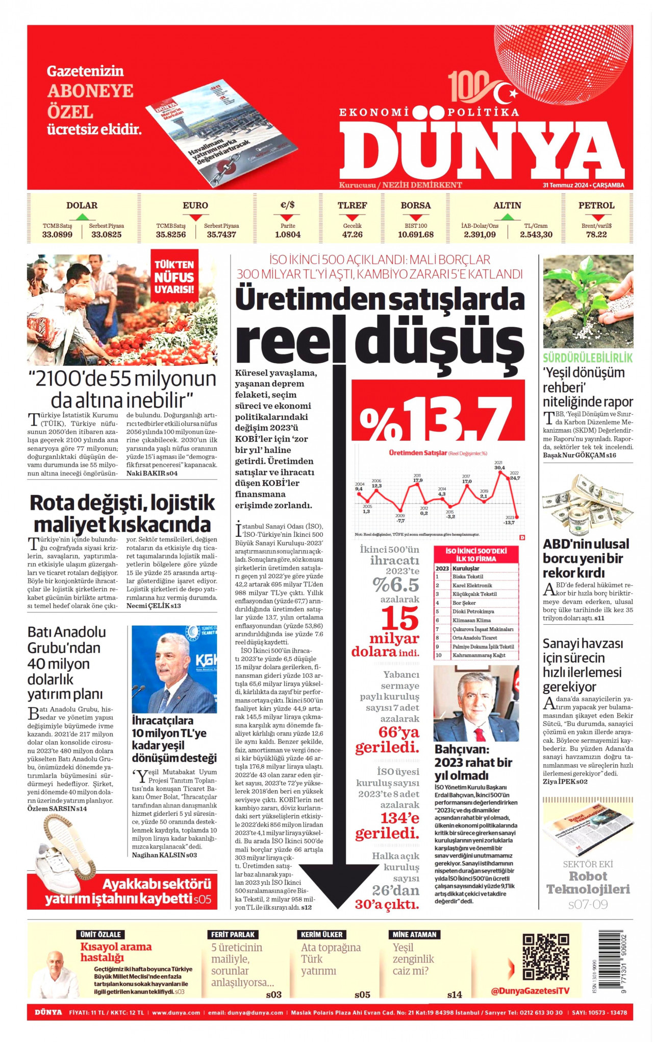 DÜNYA gazetesinin 31 Temmuz 2024 tarihli birinci sayfası