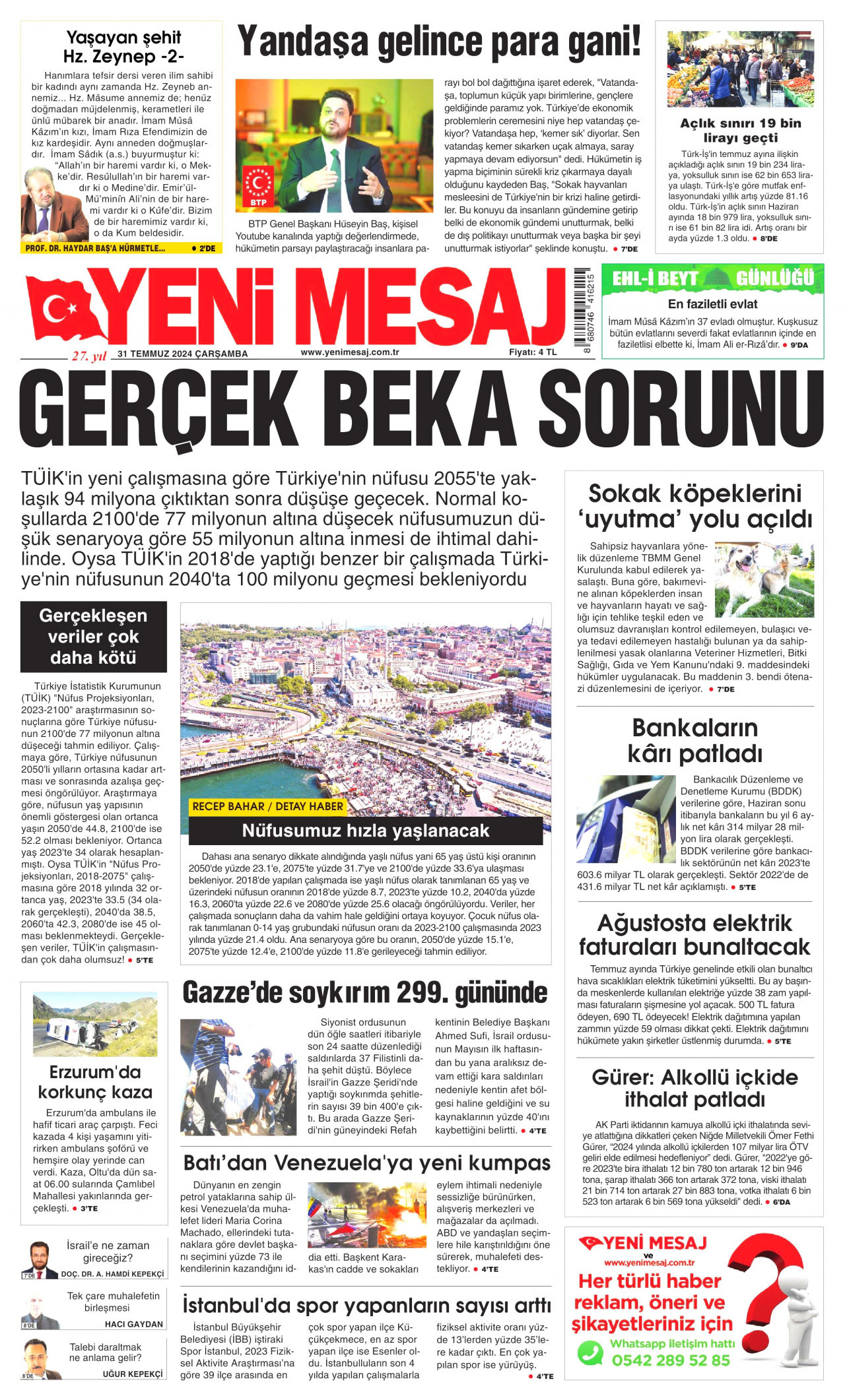 YENİ MESAJ gazetesinin 31 Temmuz 2024 tarihli birinci sayfası