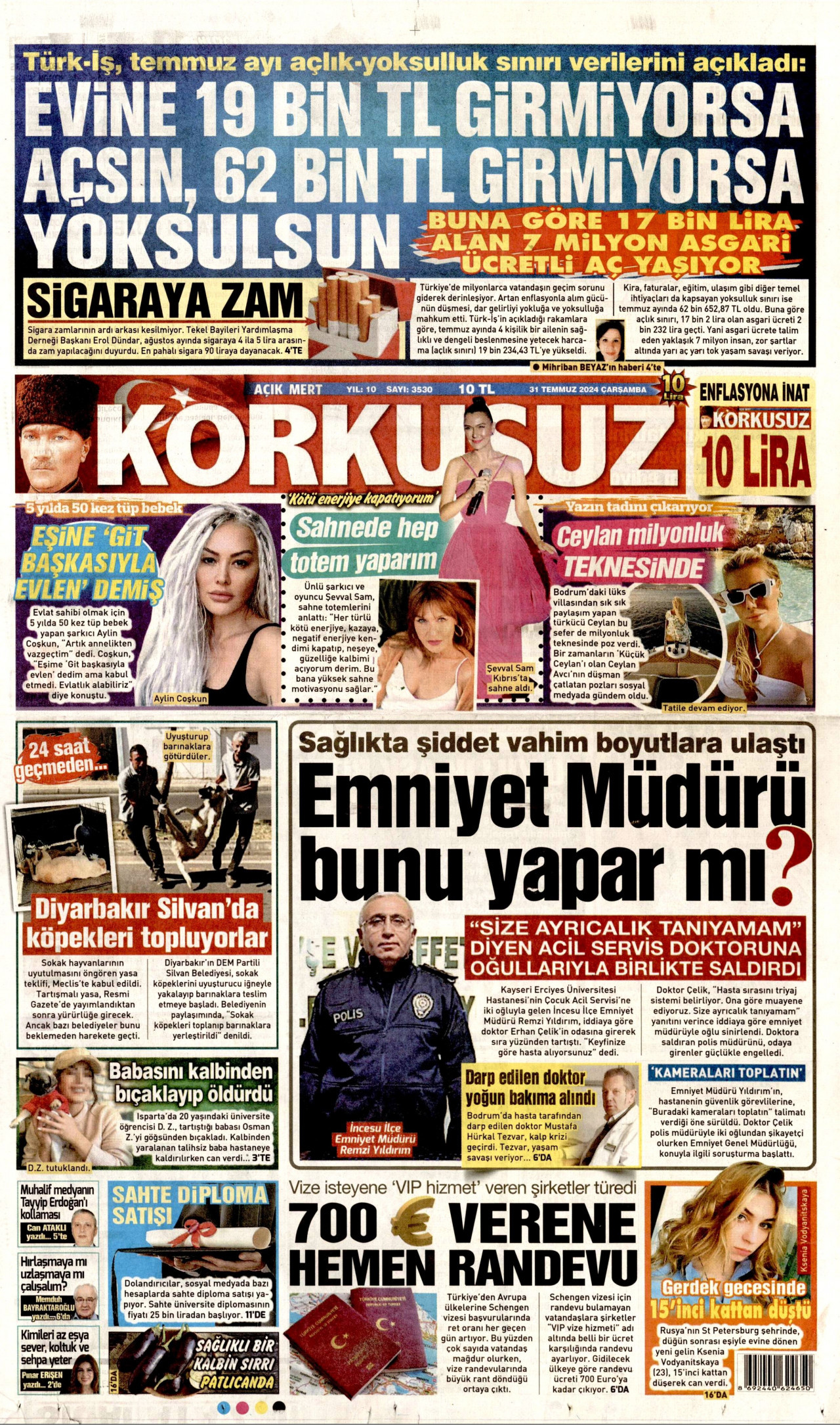 KORKUSUZ gazetesinin 31 Temmuz 2024 tarihli birinci sayfası