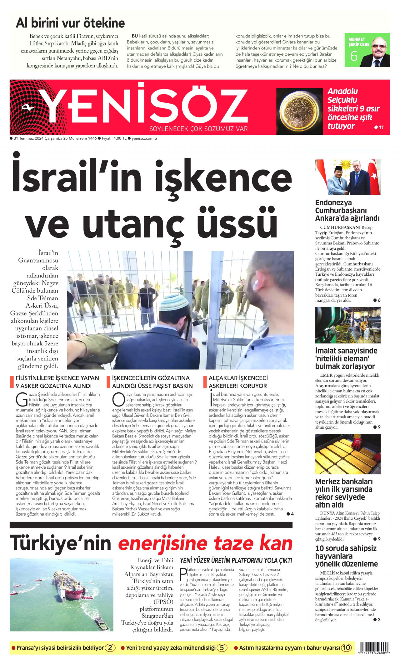 YENİ SÖZ GAZETESİ gazetesinin 31 Temmuz 2024 tarihli birinci sayfası