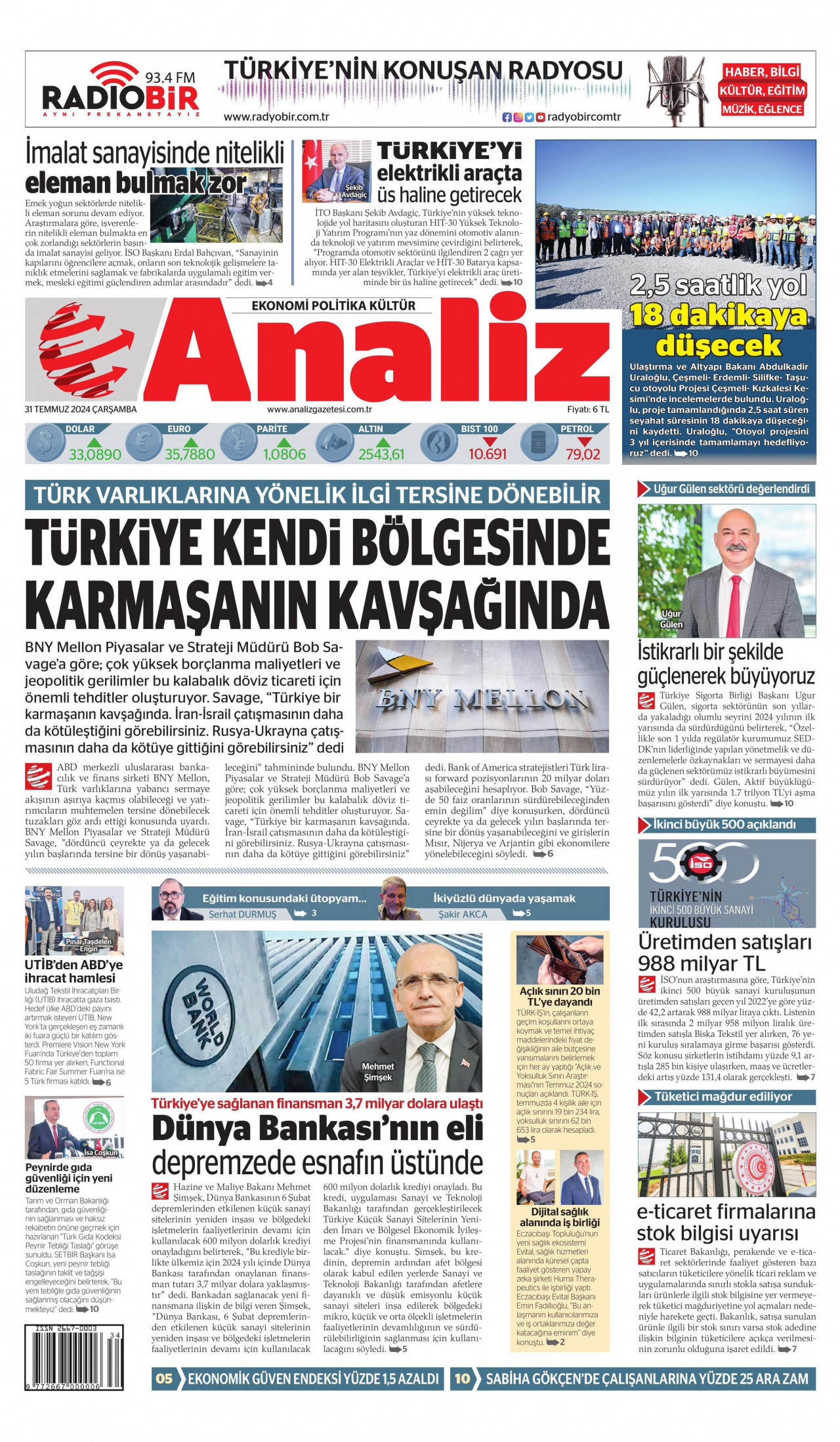 ANALİZ gazetesinin 31 Temmuz 2024 tarihli birinci sayfası