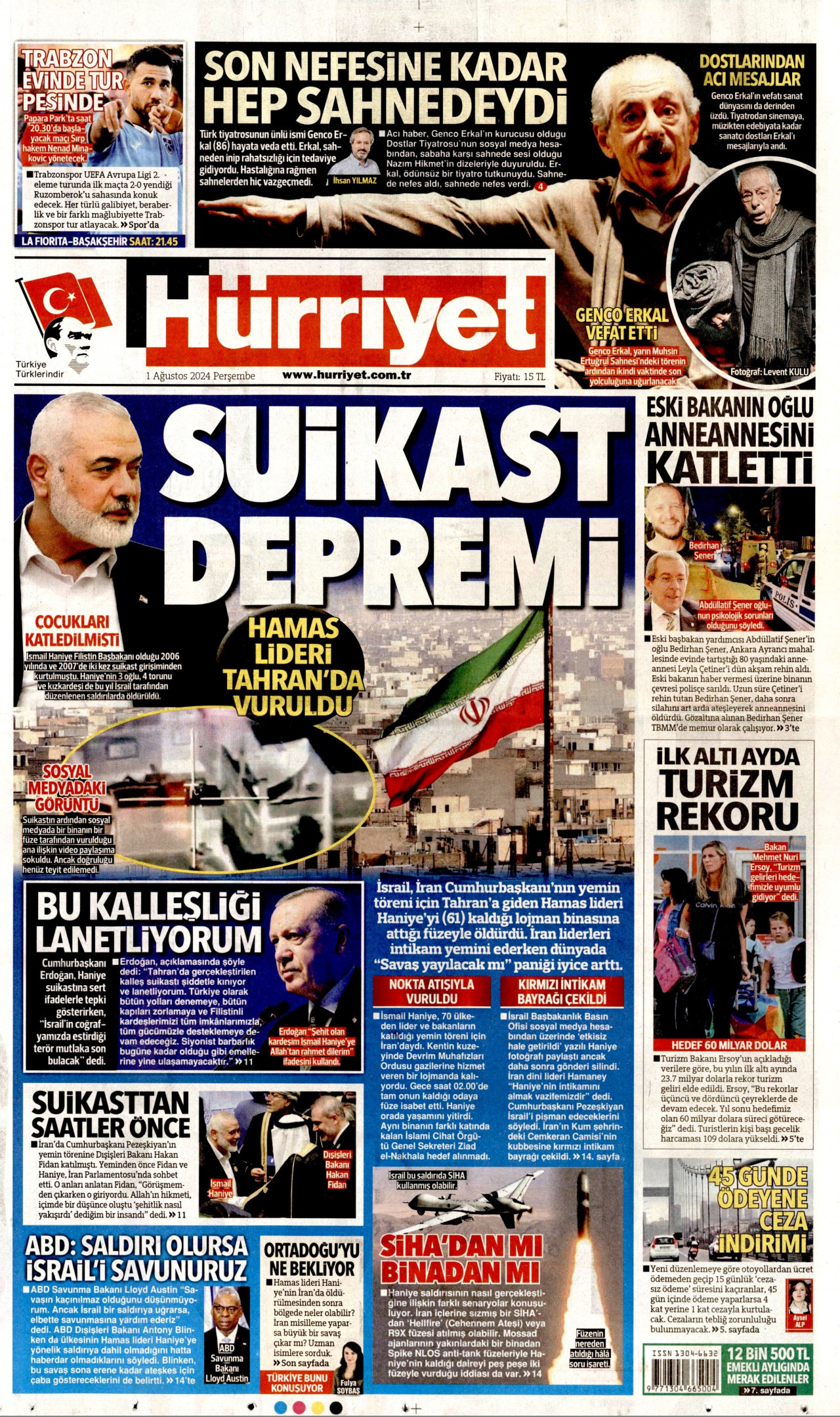 HÜRRİYET gazetesinin 1 Ağustos 2024 tarihli birinci sayfası