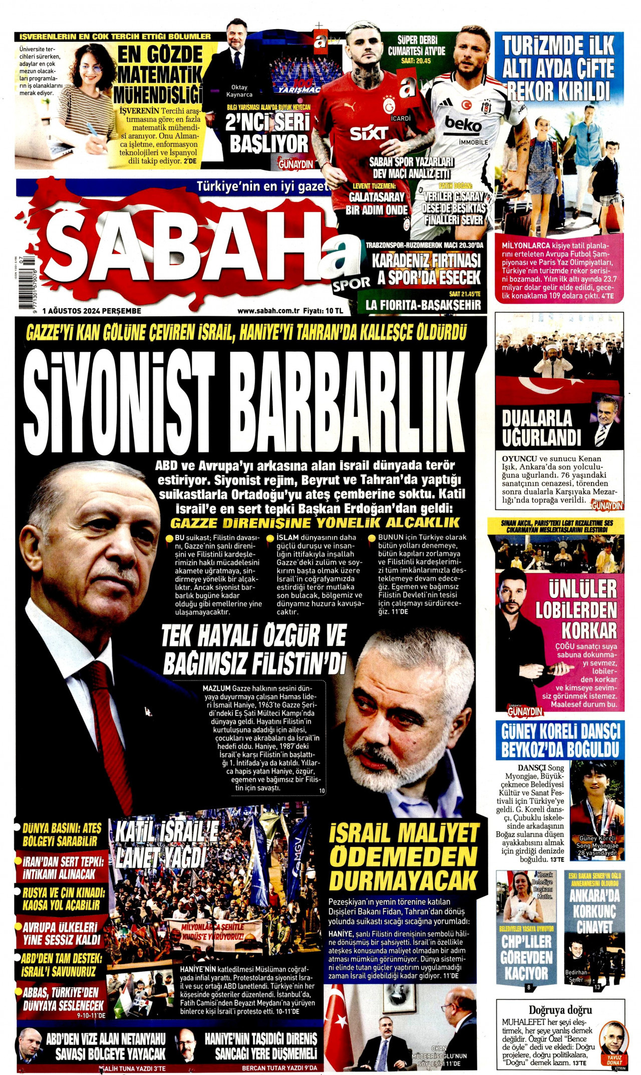 SABAH gazetesinin 1 Ağustos 2024 tarihli birinci sayfası