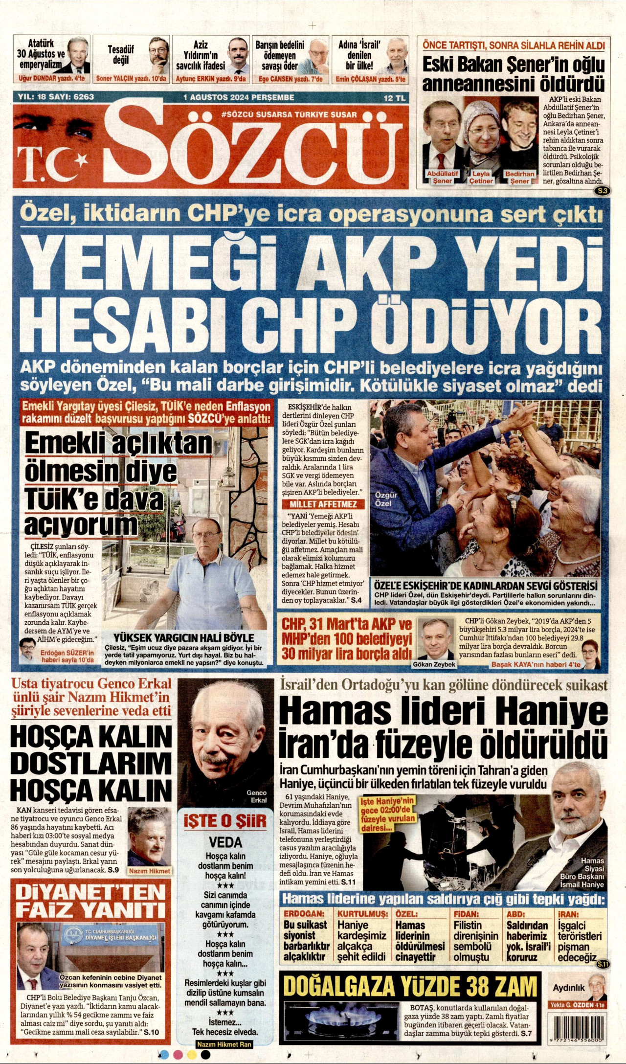SÖZCÜ gazetesinin 1 Ağustos 2024 tarihli birinci sayfası