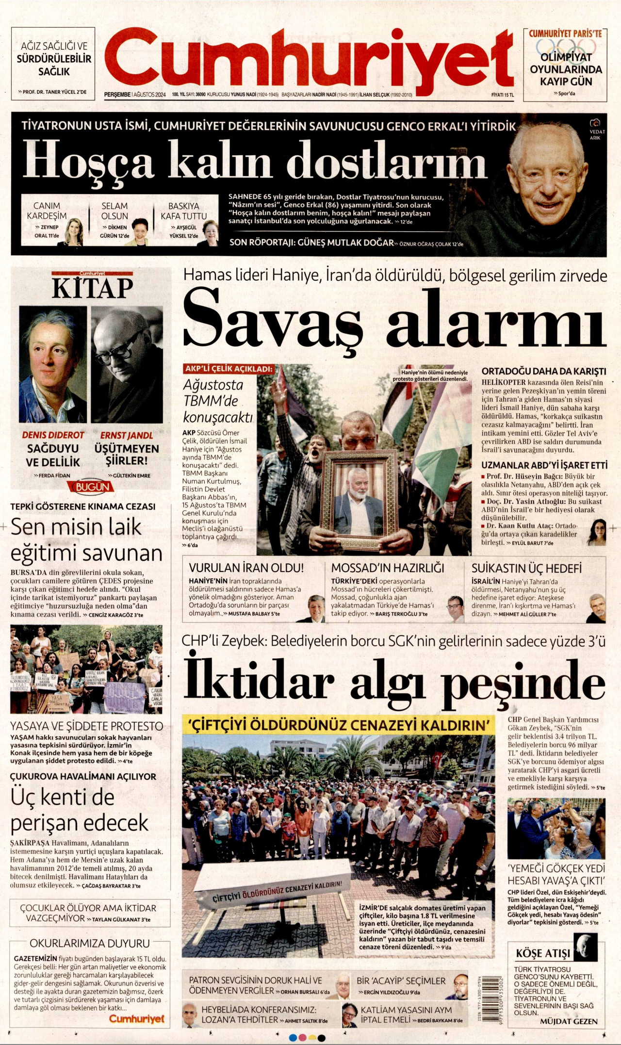 CUMHURİYET gazetesinin 1 Ağustos 2024 tarihli birinci sayfası