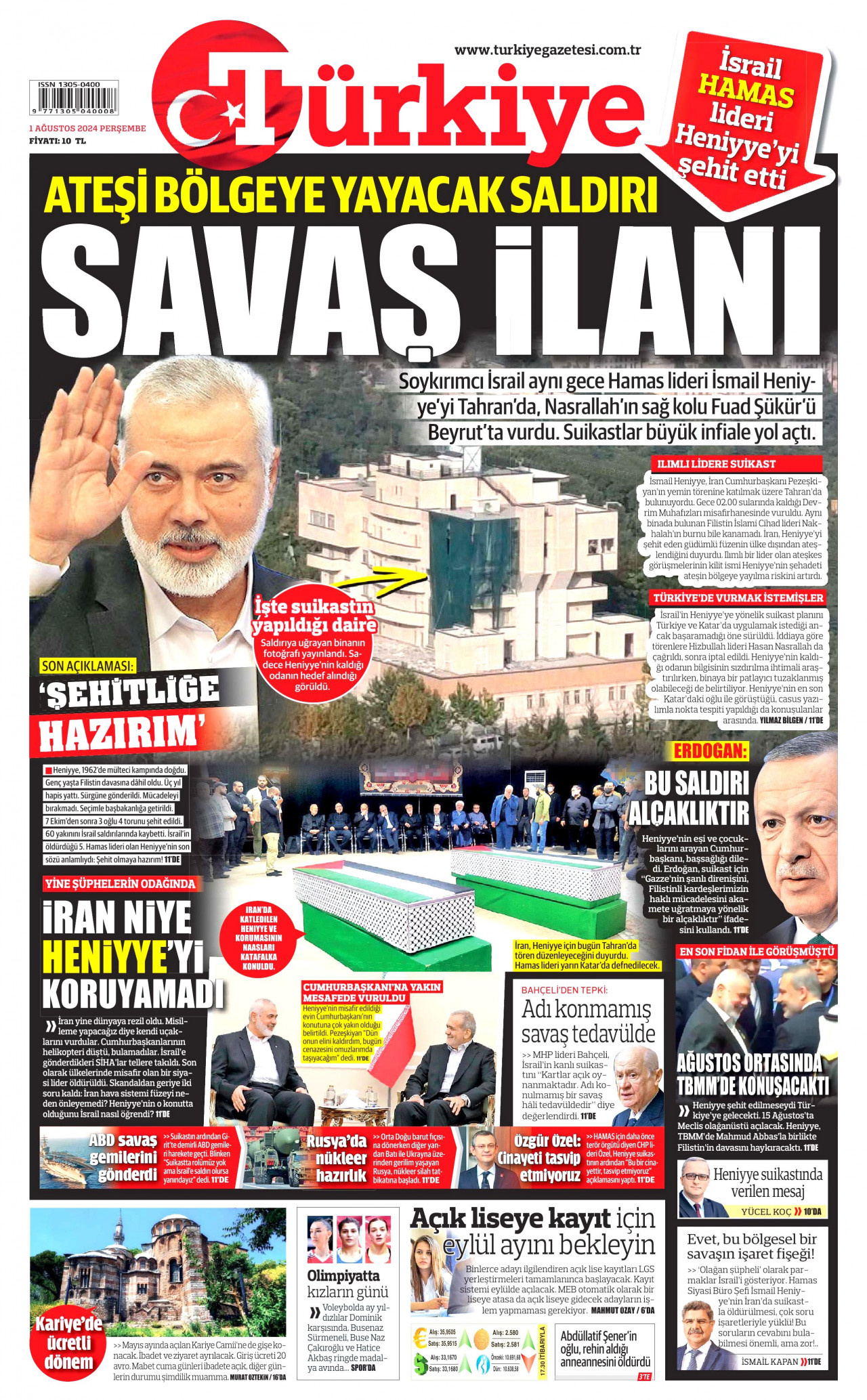 TÜRKİYE GAZETESİ gazetesinin 1 Ağustos 2024 tarihli birinci sayfası