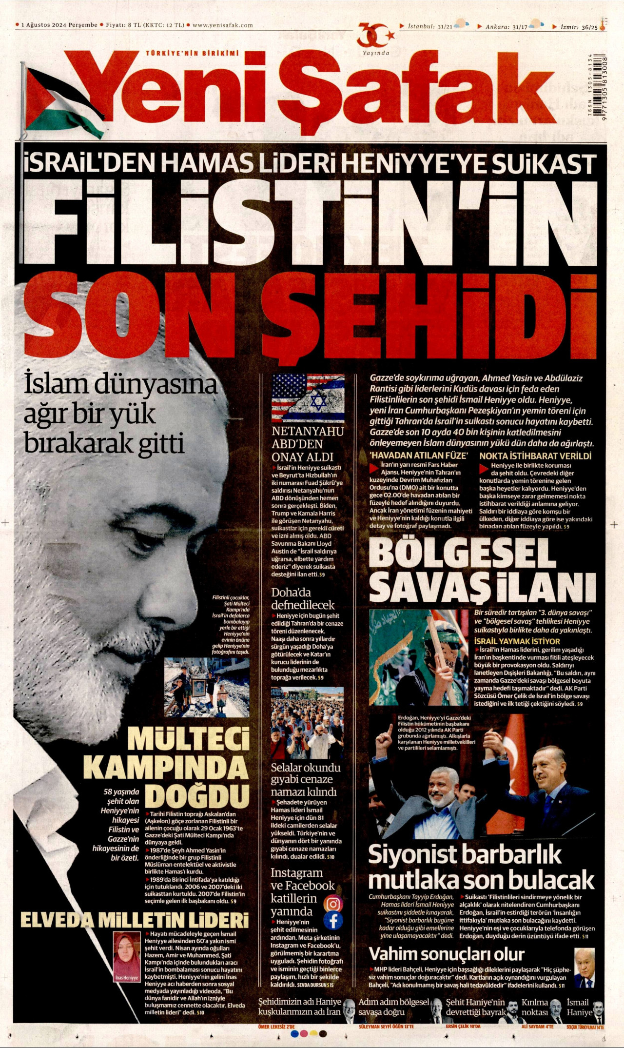 YENİ ŞAFAK gazetesinin 1 Ağustos 2024 tarihli birinci sayfası
