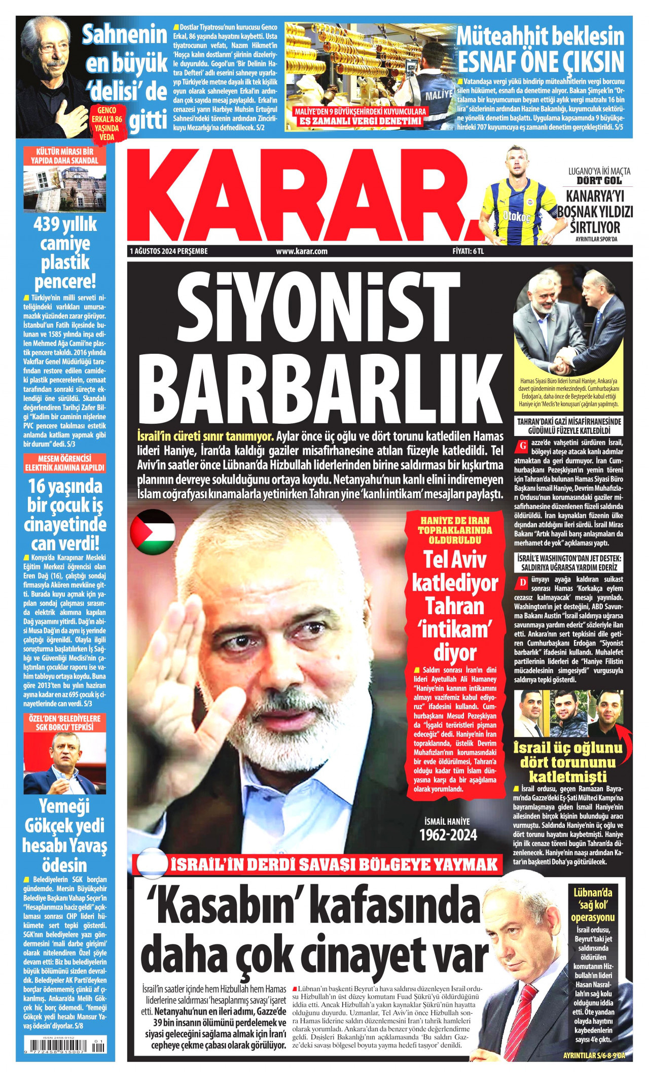 KARAR gazetesinin 1 Ağustos 2024 tarihli birinci sayfası