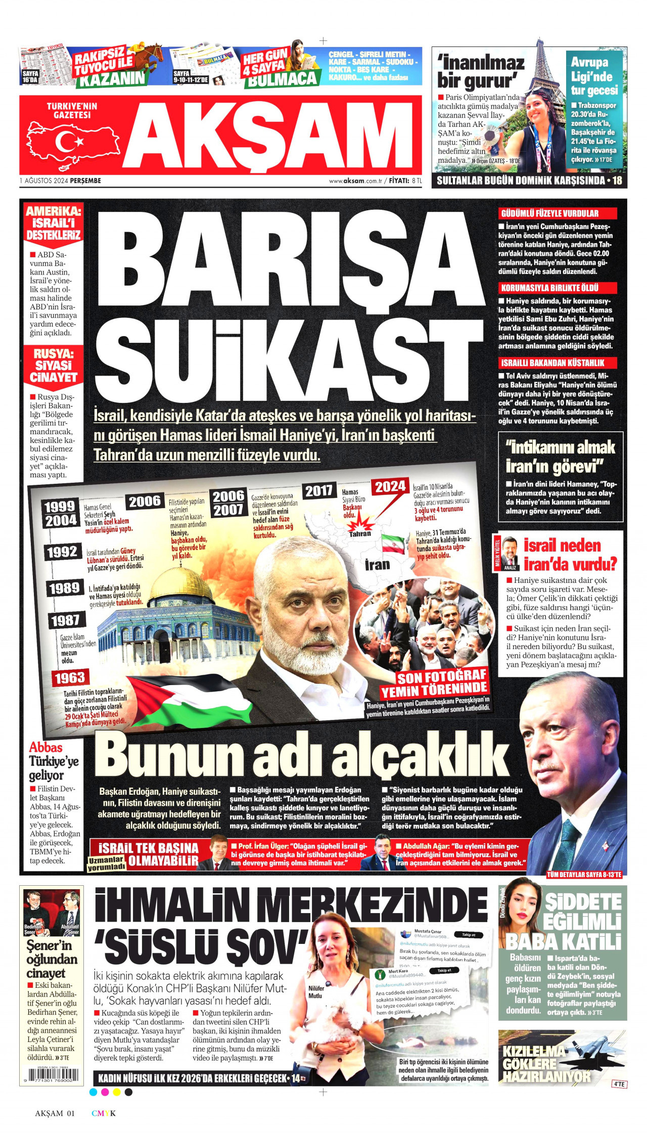 AKŞAM gazetesinin 1 Ağustos 2024 tarihli birinci sayfası