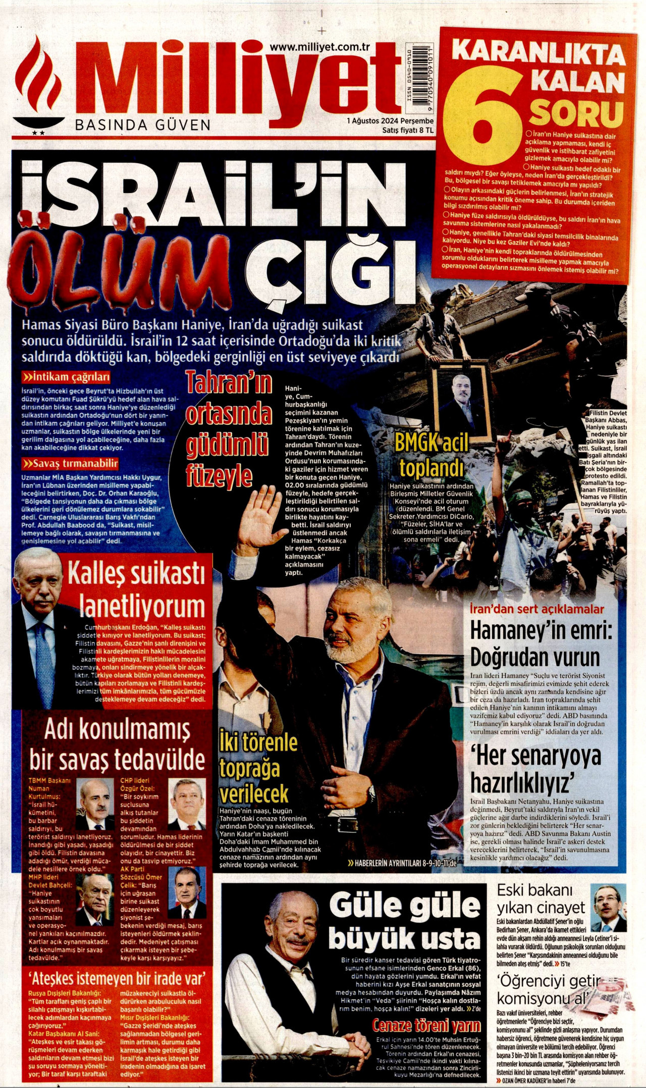 MİLLİYET gazetesinin 1 Ağustos 2024 tarihli birinci sayfası