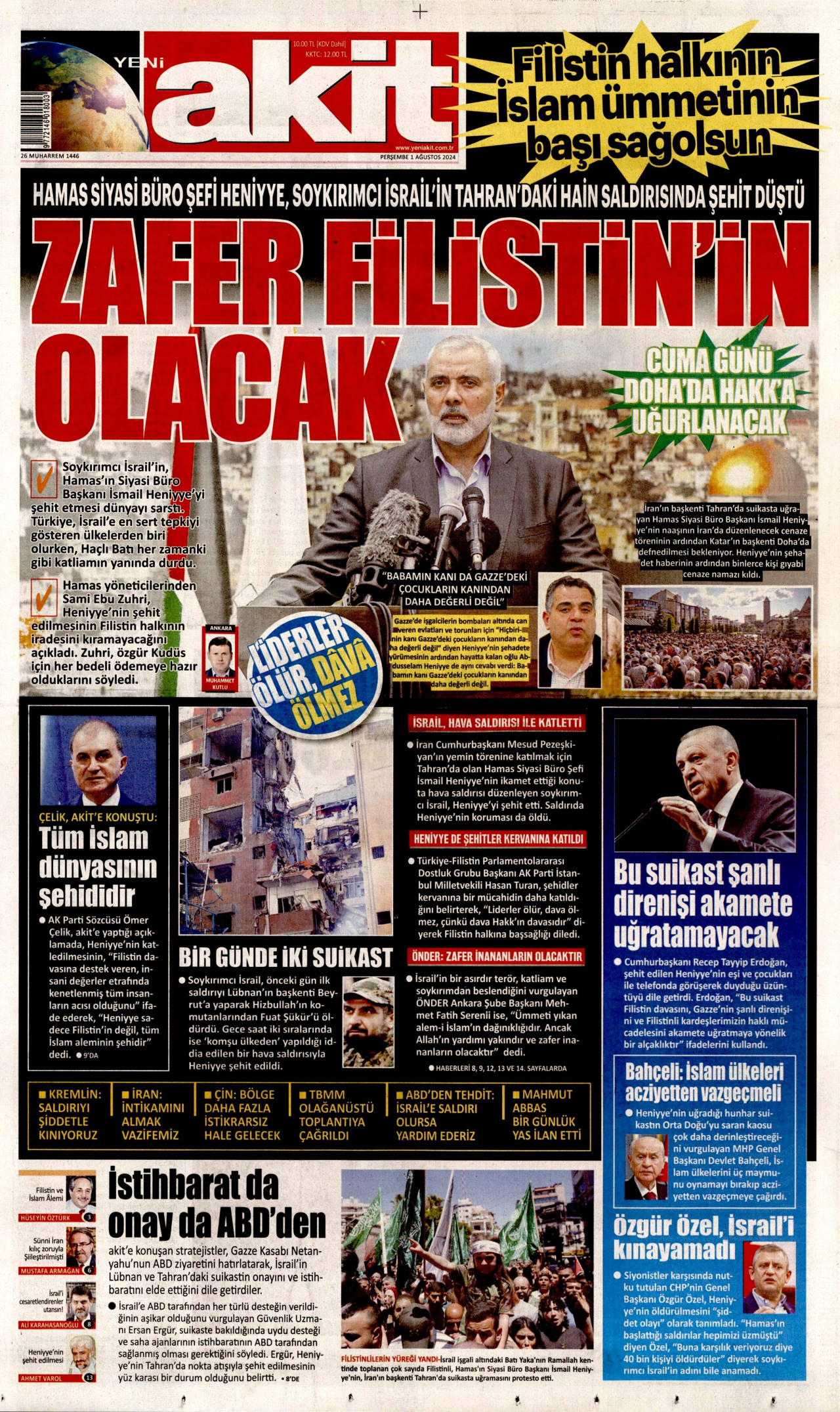 YENİ AKİT gazetesinin 1 Ağustos 2024 tarihli birinci sayfası