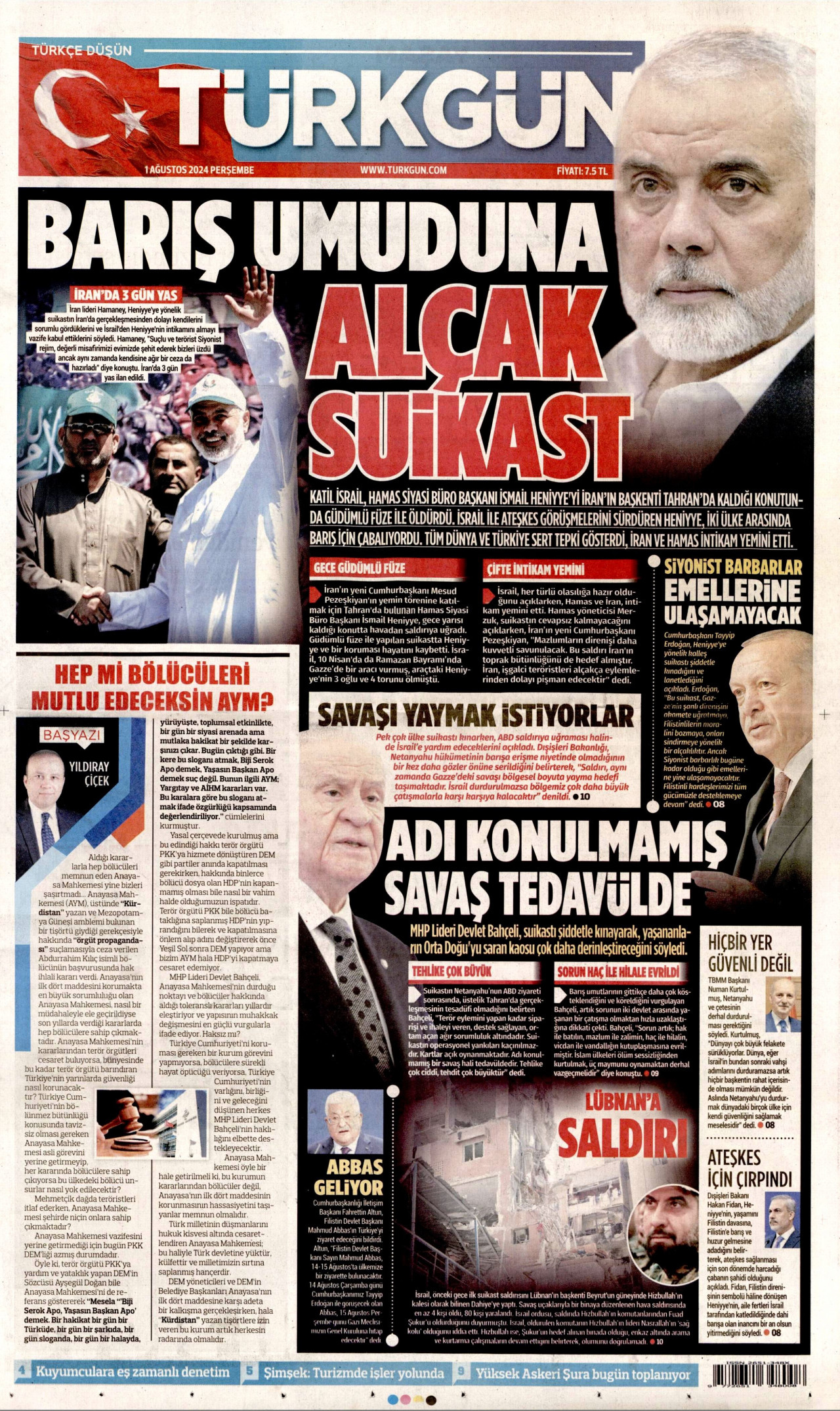 TÜRKGÜN gazetesinin 1 Ağustos 2024 tarihli birinci sayfası