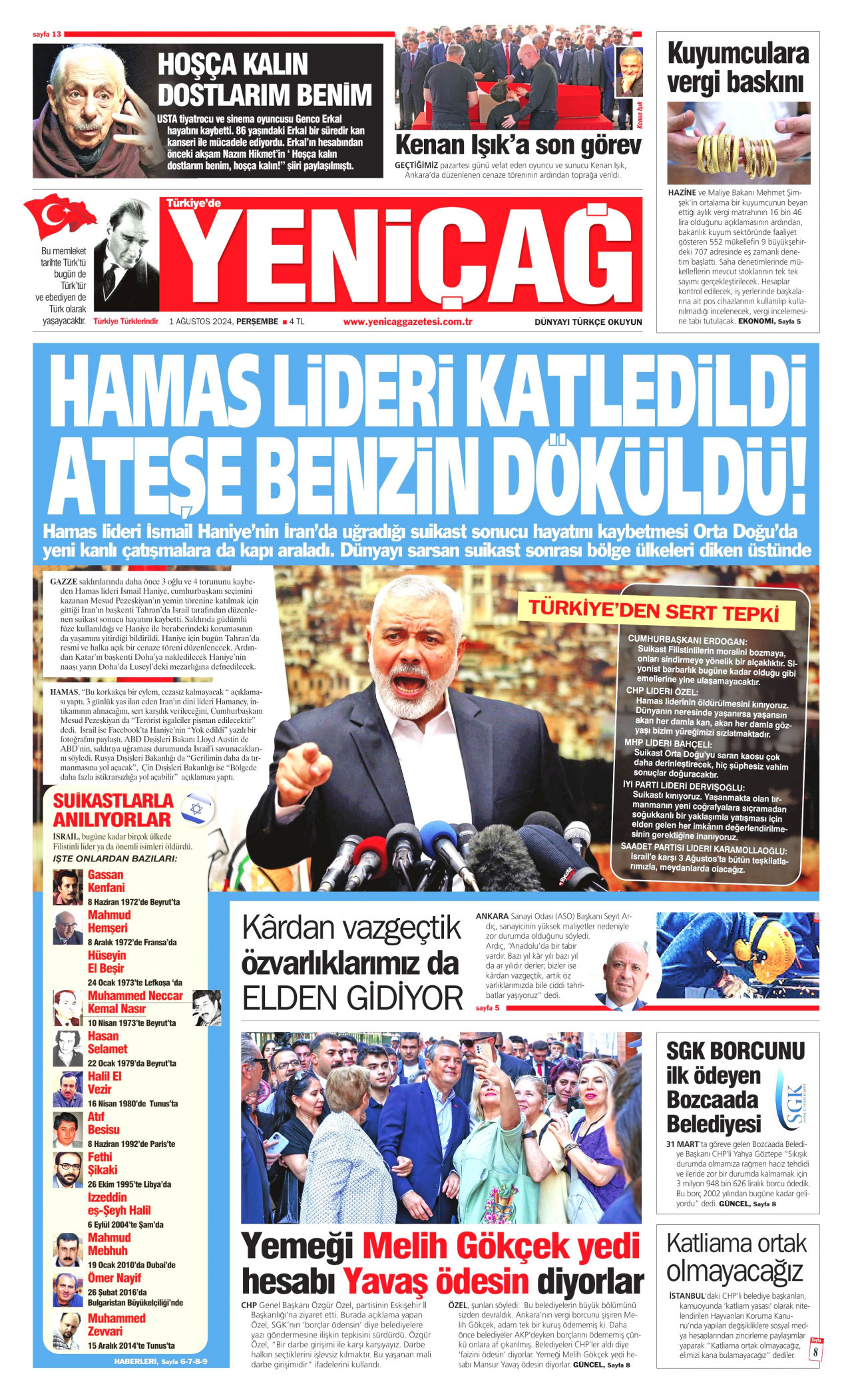 YENİÇAĞ gazetesinin 1 Ağustos 2024 tarihli birinci sayfası