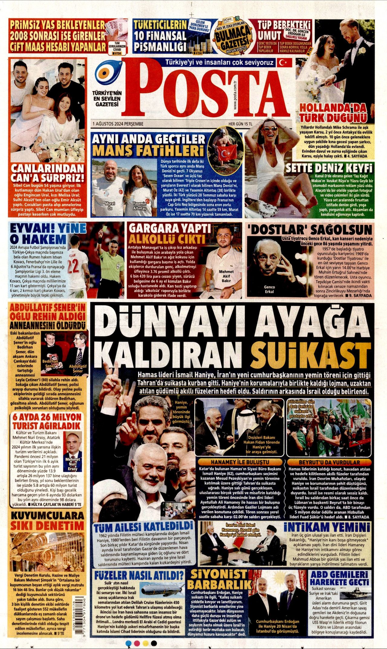 POSTA gazetesinin 1 Ağustos 2024 tarihli birinci sayfası