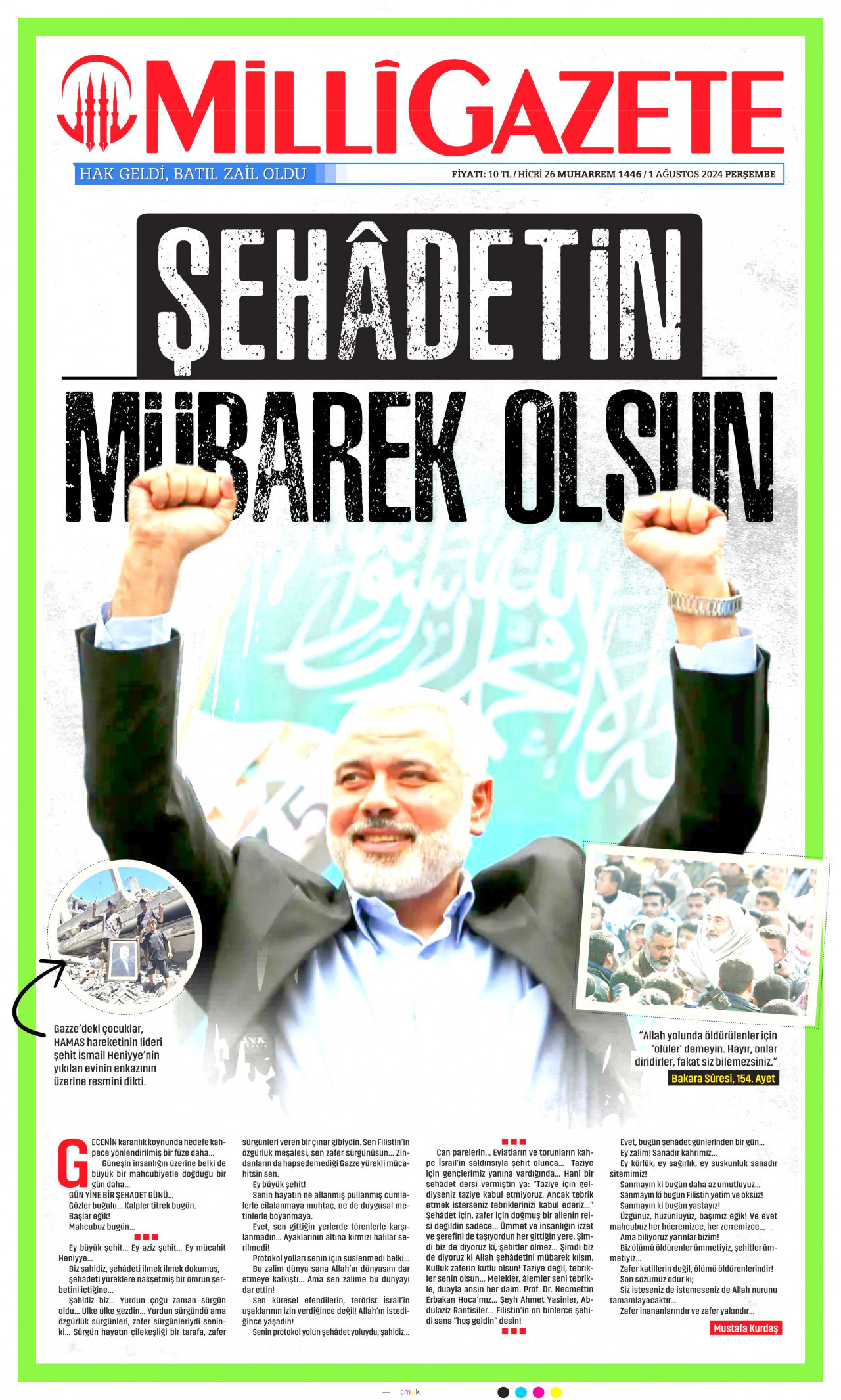 MİLLİ GAZETE gazetesinin 1 Ağustos 2024 tarihli birinci sayfası