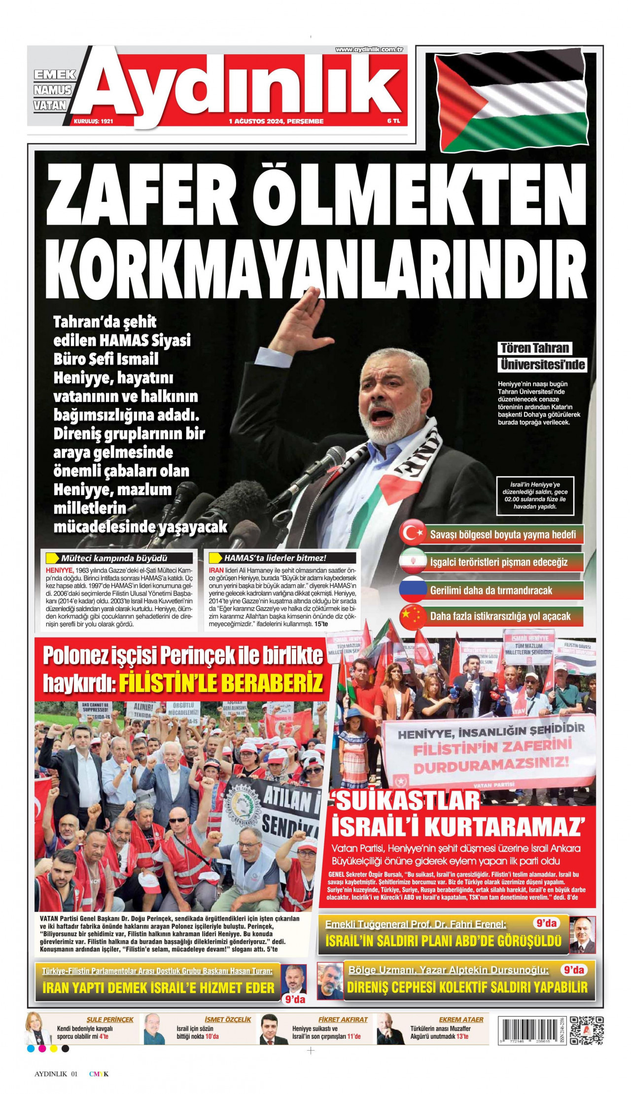 AYDINLIK GAZETESİ gazetesinin 1 Ağustos 2024 tarihli birinci sayfası