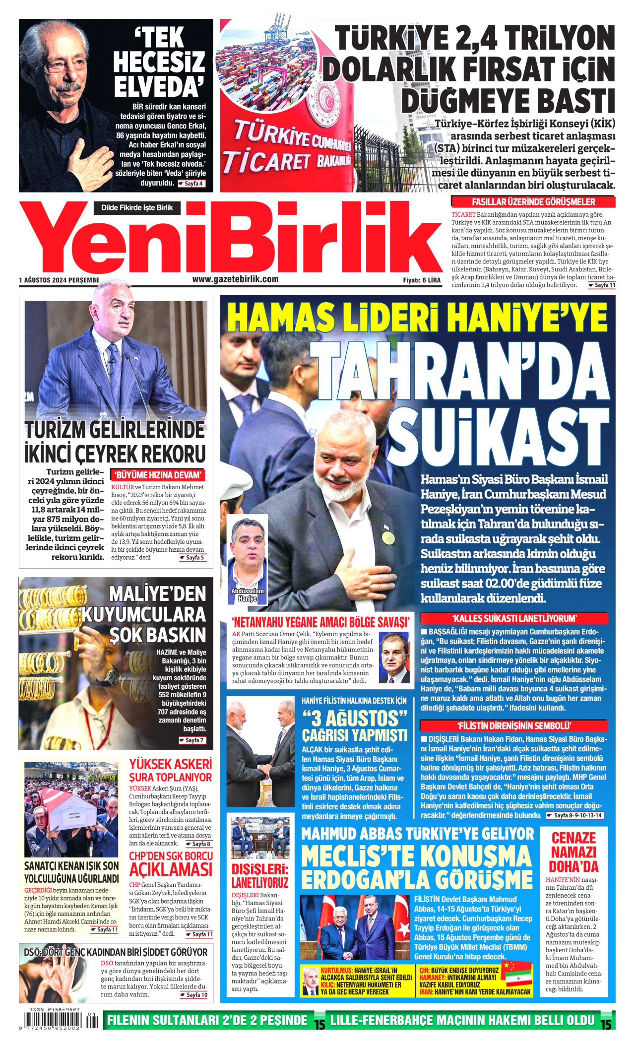 YENİBİRLİK gazetesinin 1 Ağustos 2024 tarihli birinci sayfası