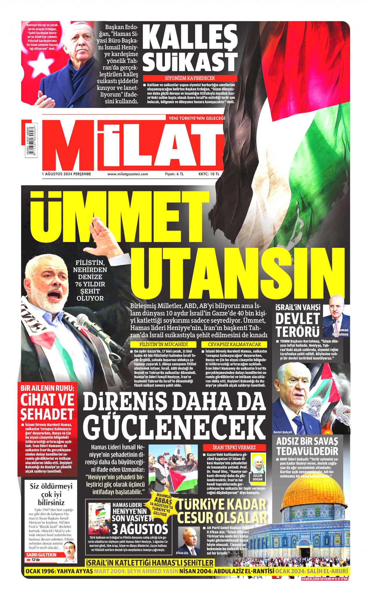 MİLAT gazetesinin 1 Ağustos 2024 tarihli birinci sayfası