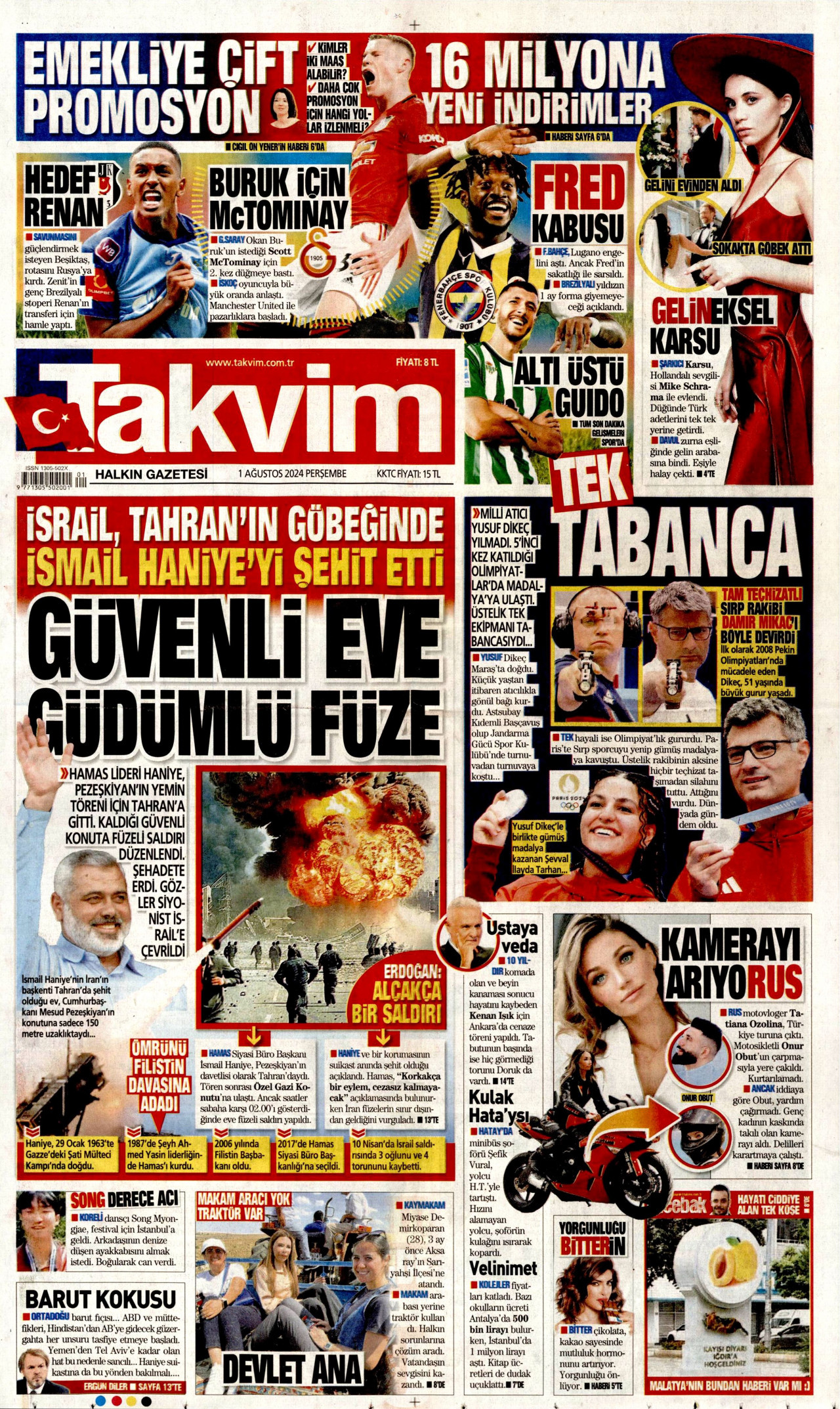TAKVİM gazetesinin 1 Ağustos 2024 tarihli birinci sayfası