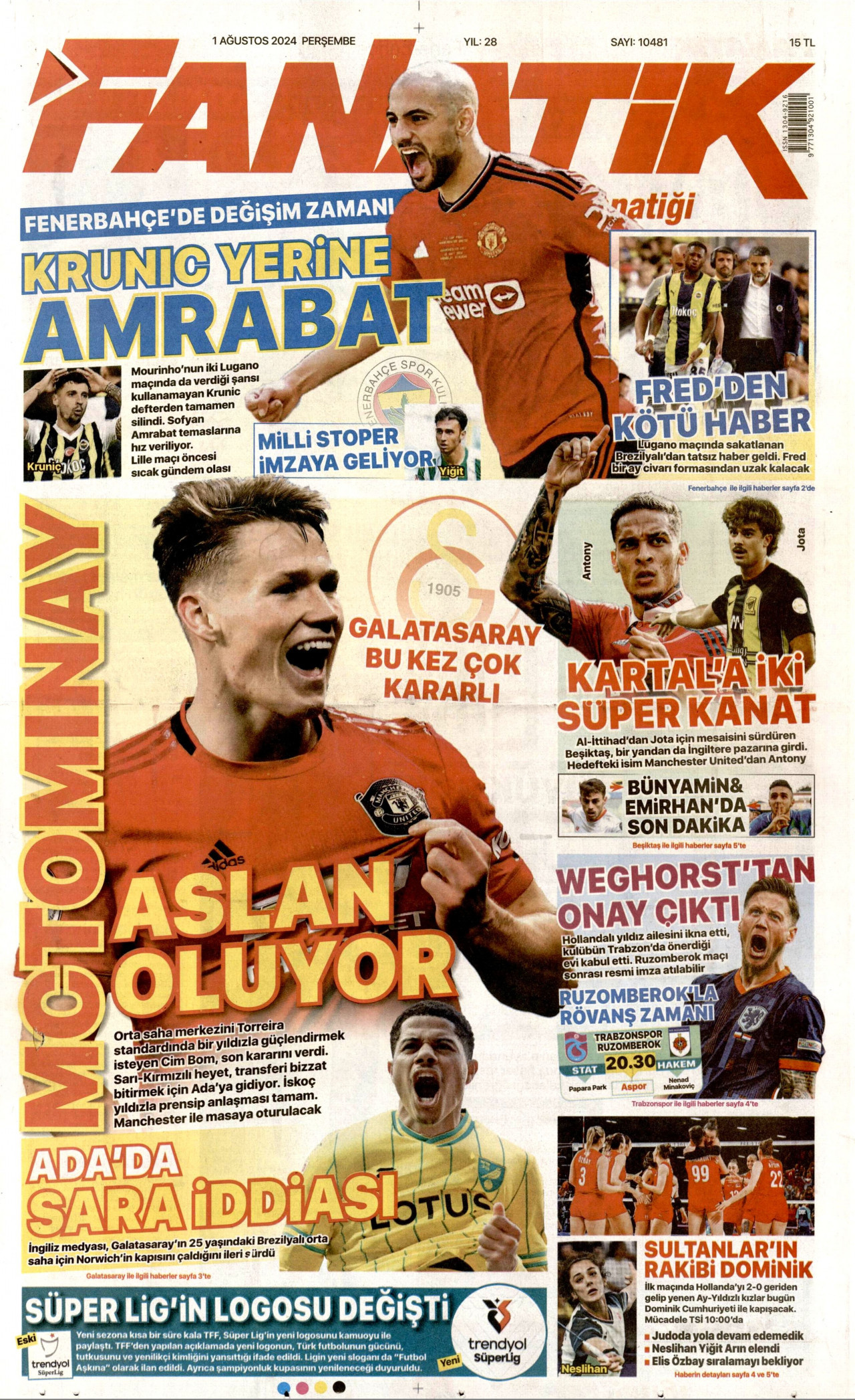 FANATİK gazetesinin 1 Ağustos 2024 tarihli birinci sayfası