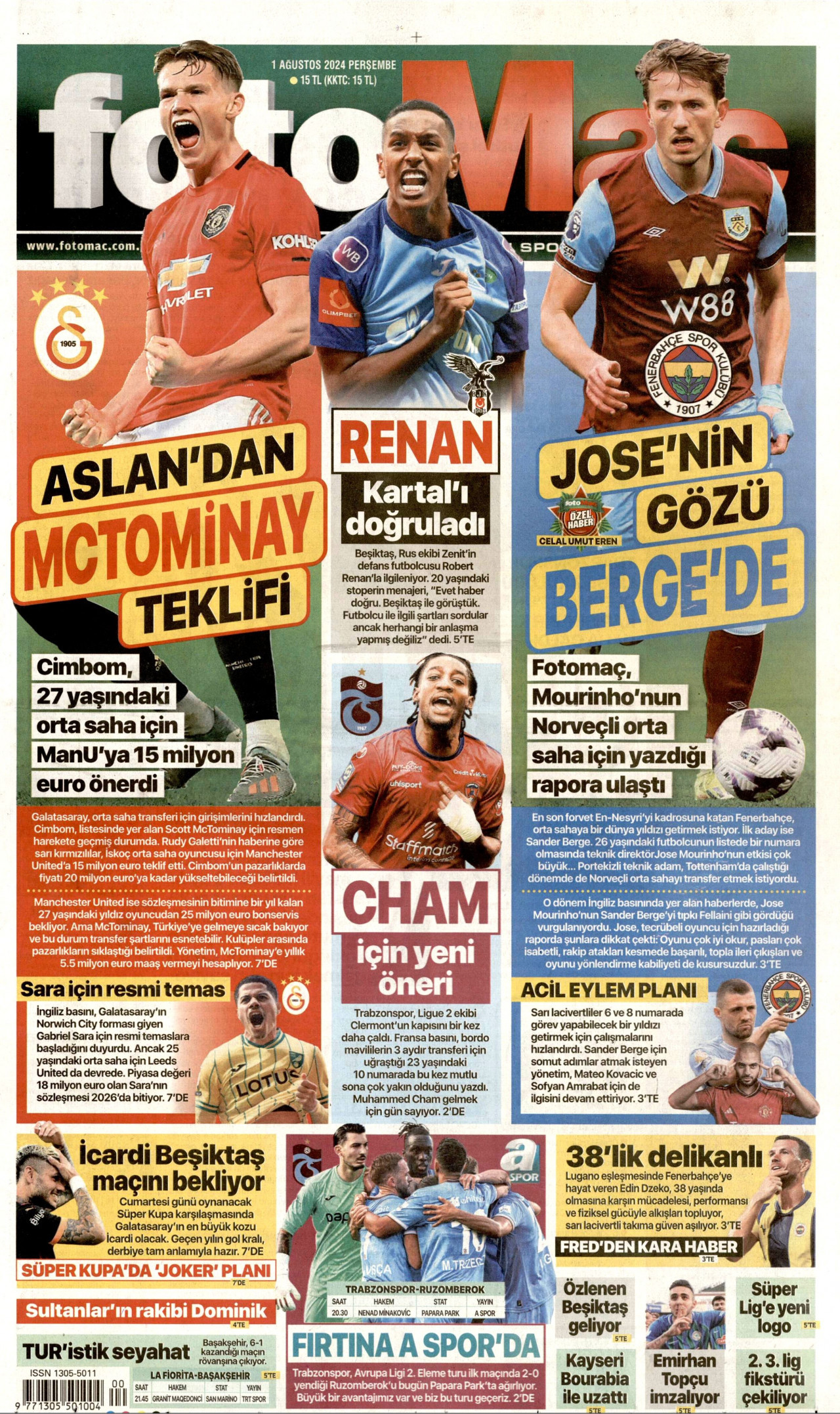 FOTOMAÇ gazetesinin 1 Ağustos 2024 tarihli birinci sayfası
