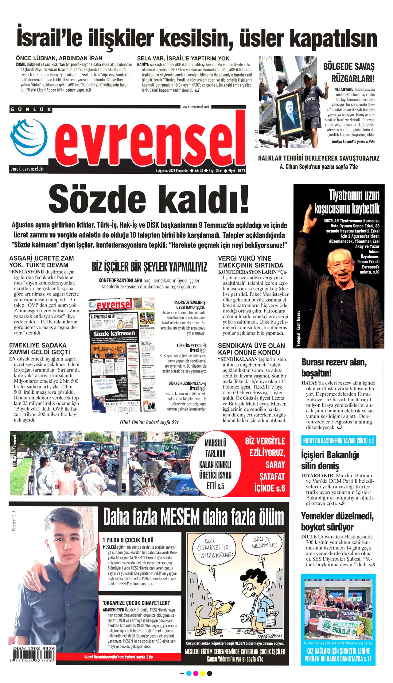 EVRENSEL gazetesinin 1 Ağustos 2024 tarihli birinci sayfası