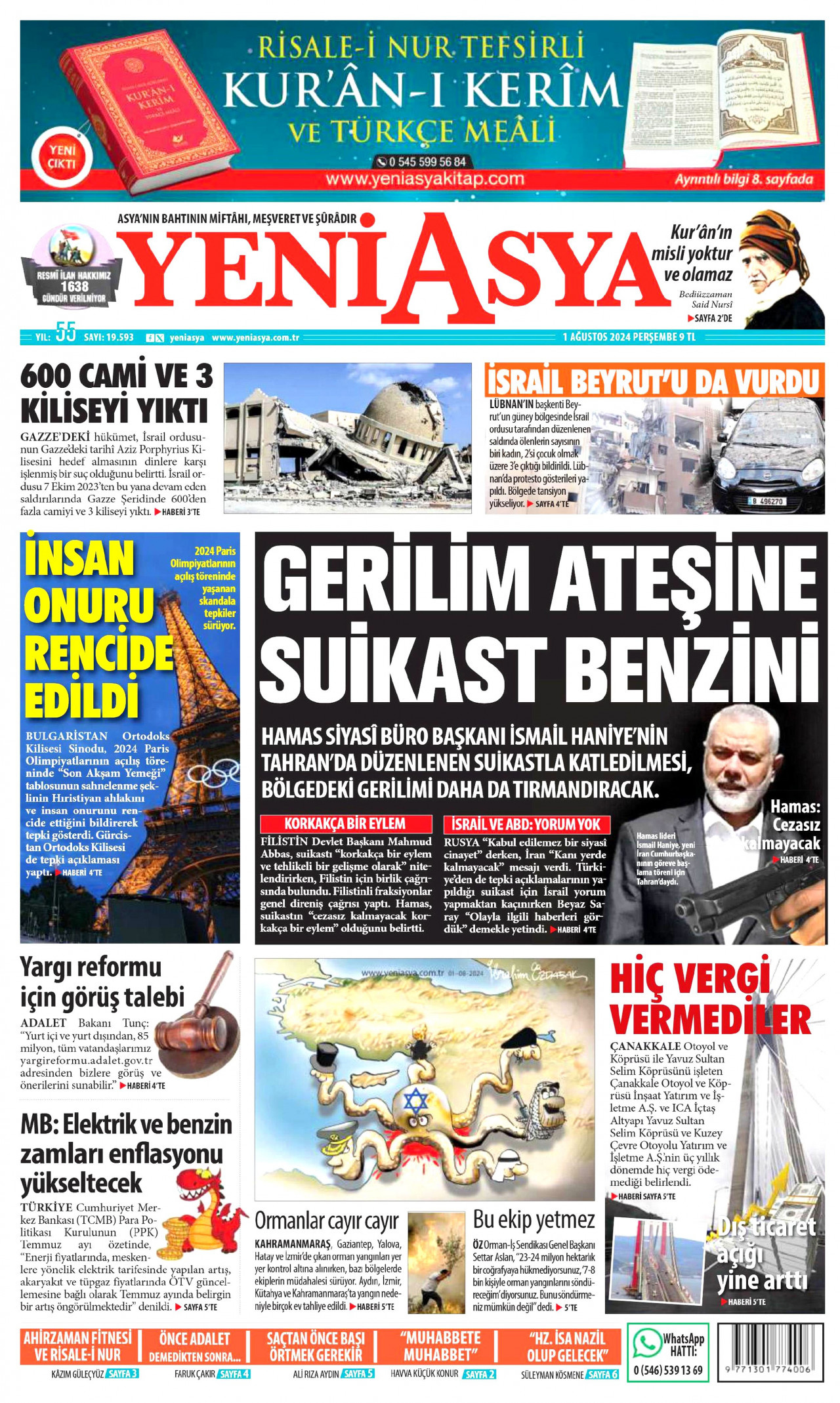 YENİ ASYA gazetesinin 1 Ağustos 2024 tarihli birinci sayfası