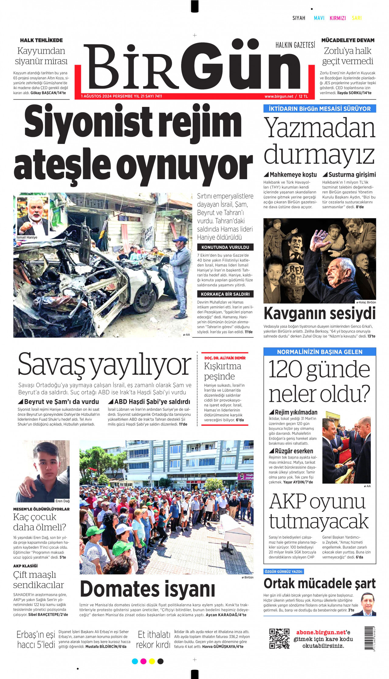 BİRGÜN gazetesinin 1 Ağustos 2024 tarihli birinci sayfası