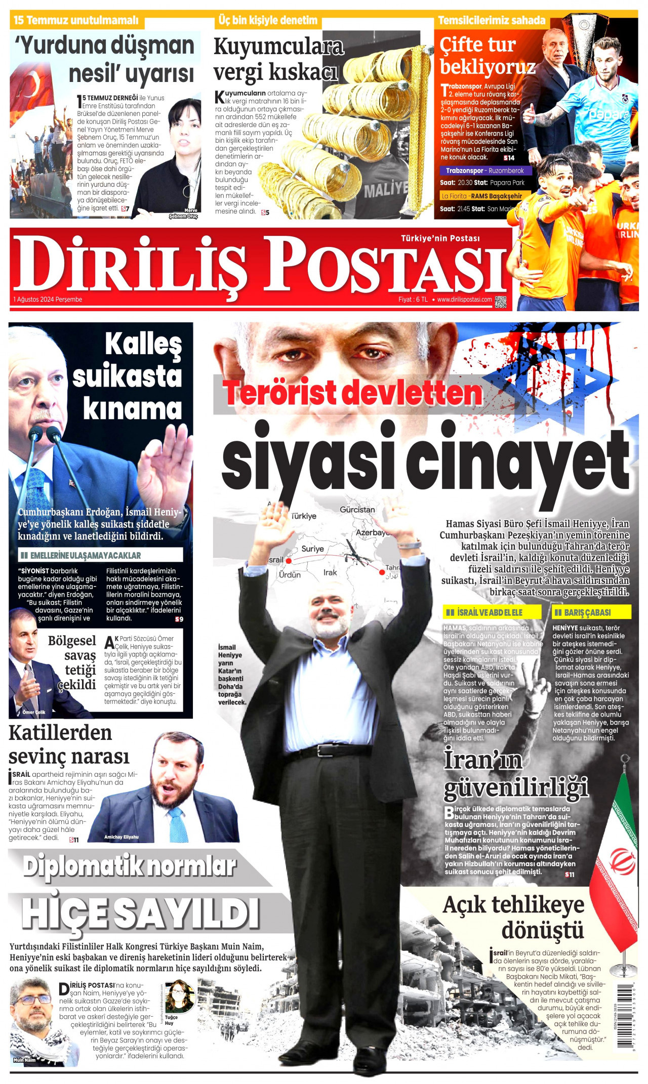 DİRİLİŞ POSTASI gazetesinin 1 Ağustos 2024 tarihli birinci sayfası