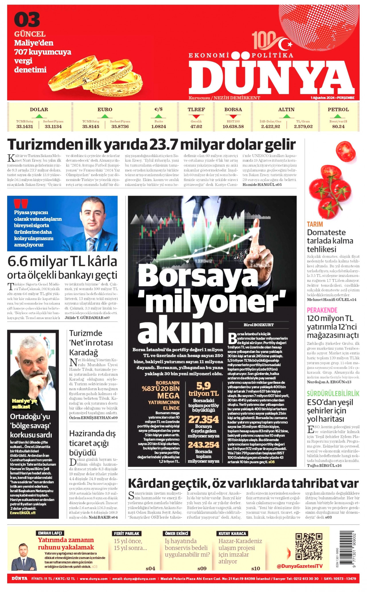 DÜNYA gazetesinin 1 Ağustos 2024 tarihli birinci sayfası