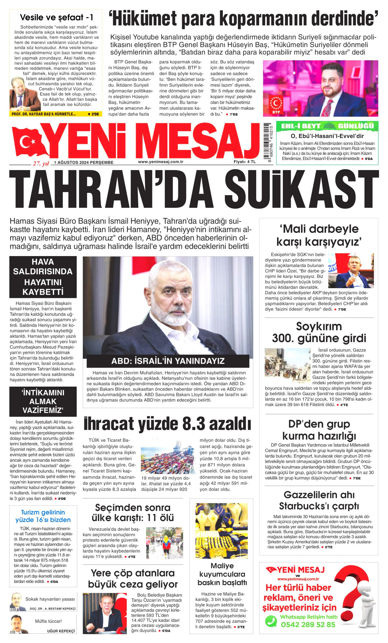 YENİ MESAJ gazetesinin 1 Ağustos 2024 tarihli birinci sayfası
