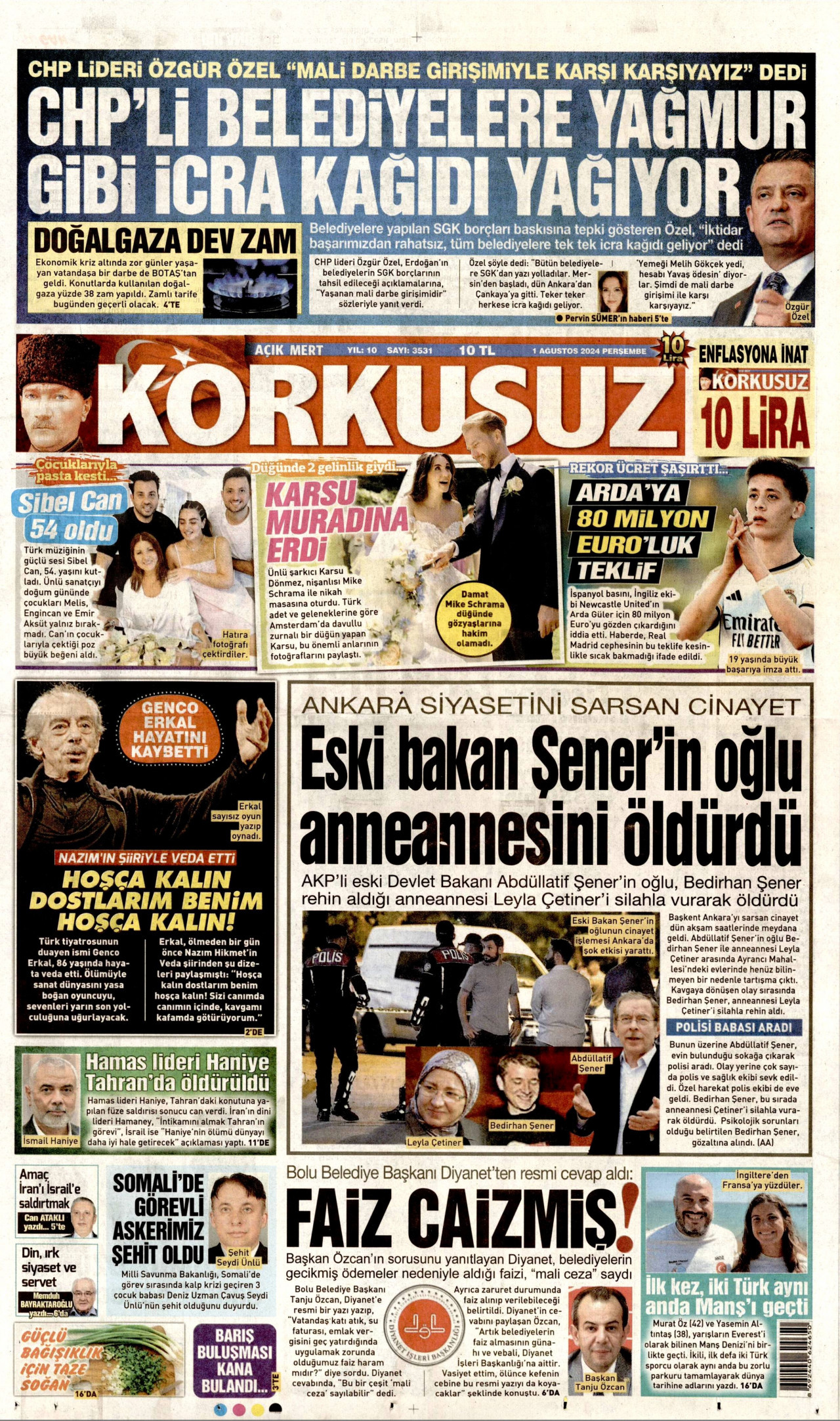 KORKUSUZ gazetesinin 1 Ağustos 2024 tarihli birinci sayfası