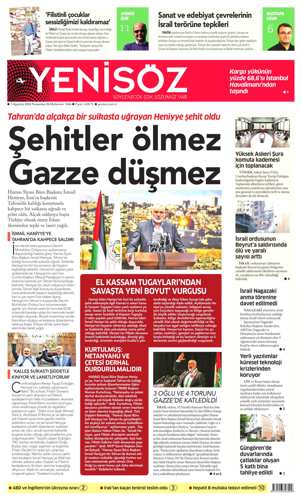 YENİ SÖZ GAZETESİ gazetesinin 1 Ağustos 2024 tarihli birinci sayfası
