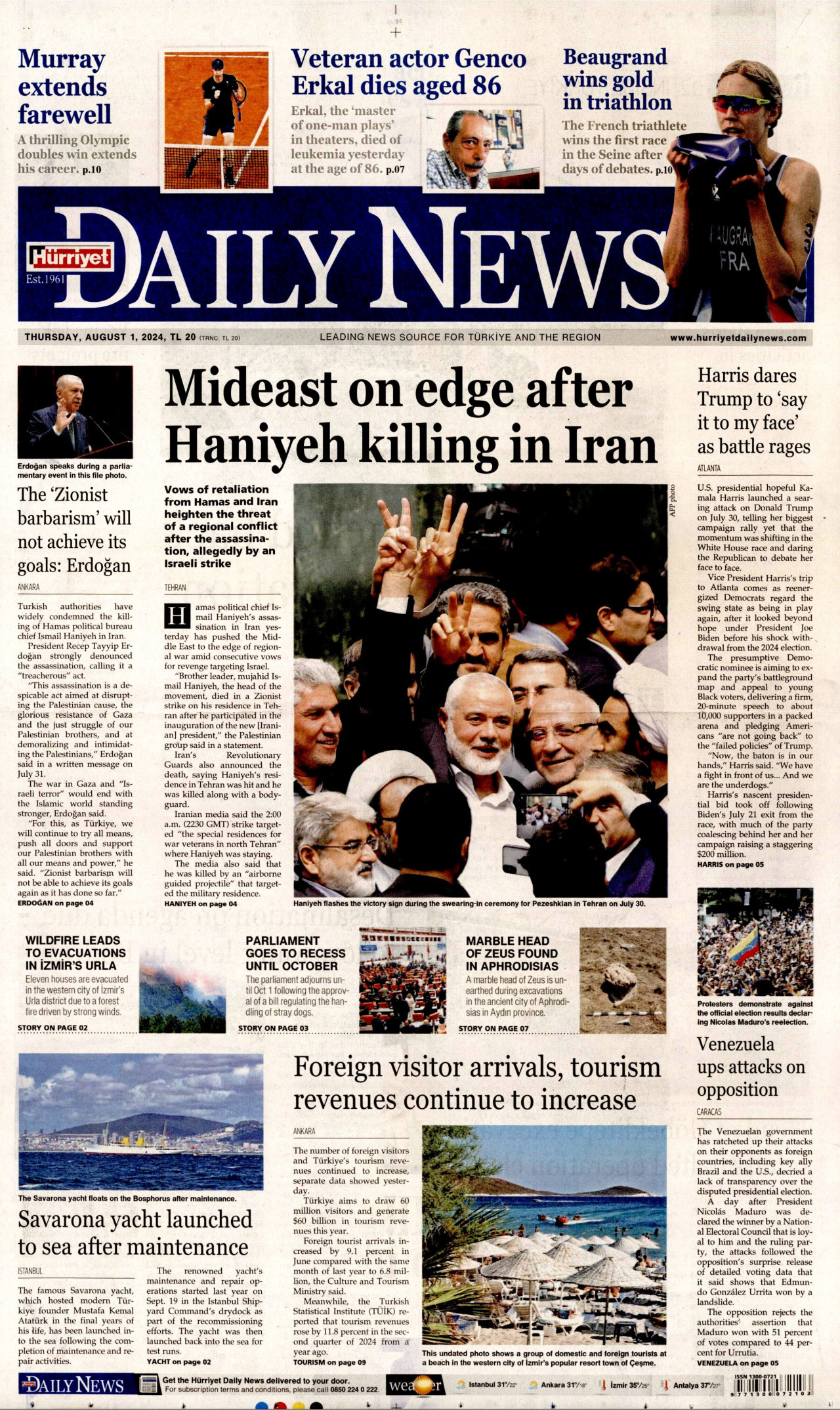 HÜRRİYET DAİLY NEWS gazetesinin 1 Ağustos 2024 tarihli birinci sayfası