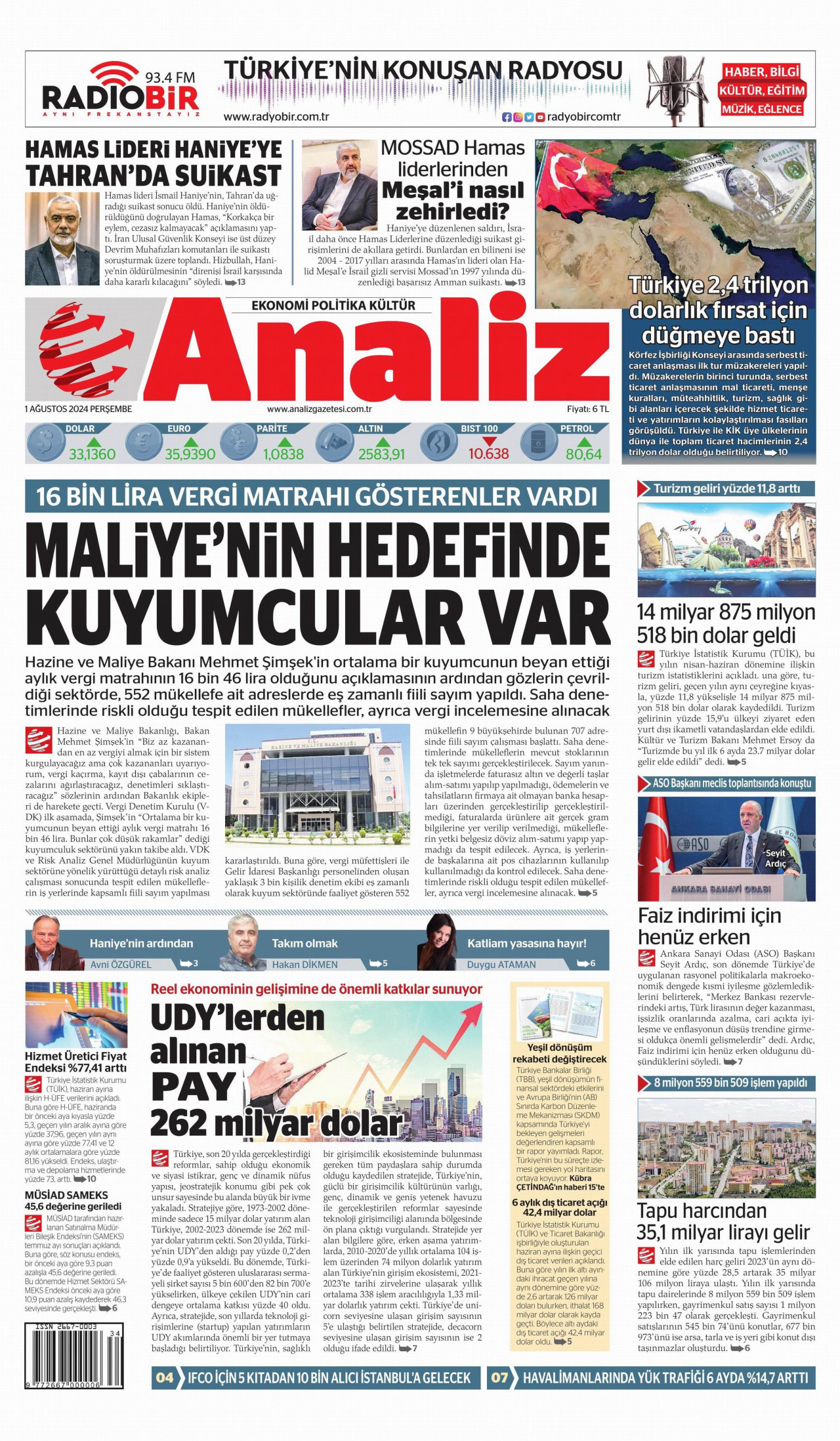 ANALİZ gazetesinin 1 Ağustos 2024 tarihli birinci sayfası