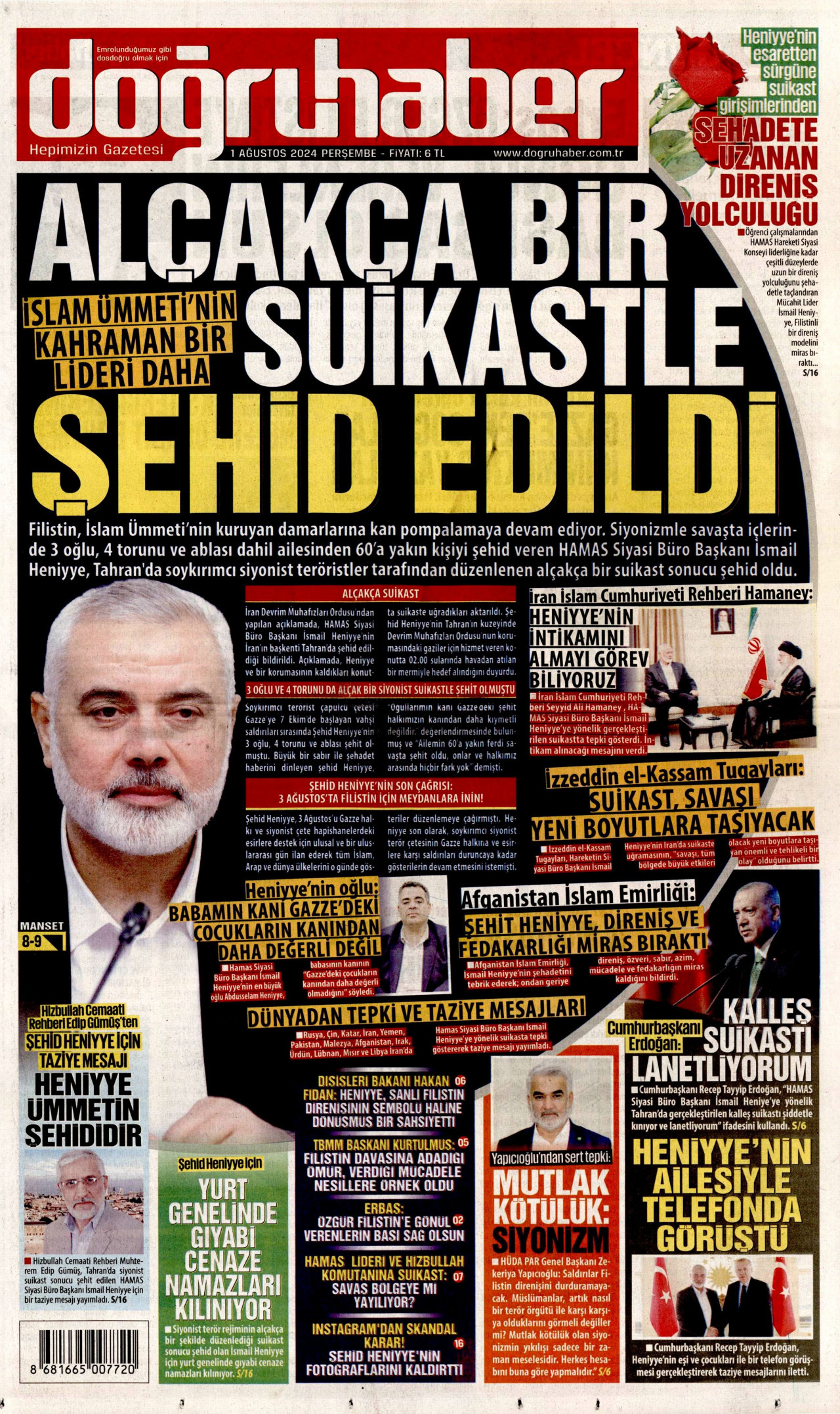 DOĞRU HABER gazetesinin 1 Ağustos 2024 tarihli birinci sayfası