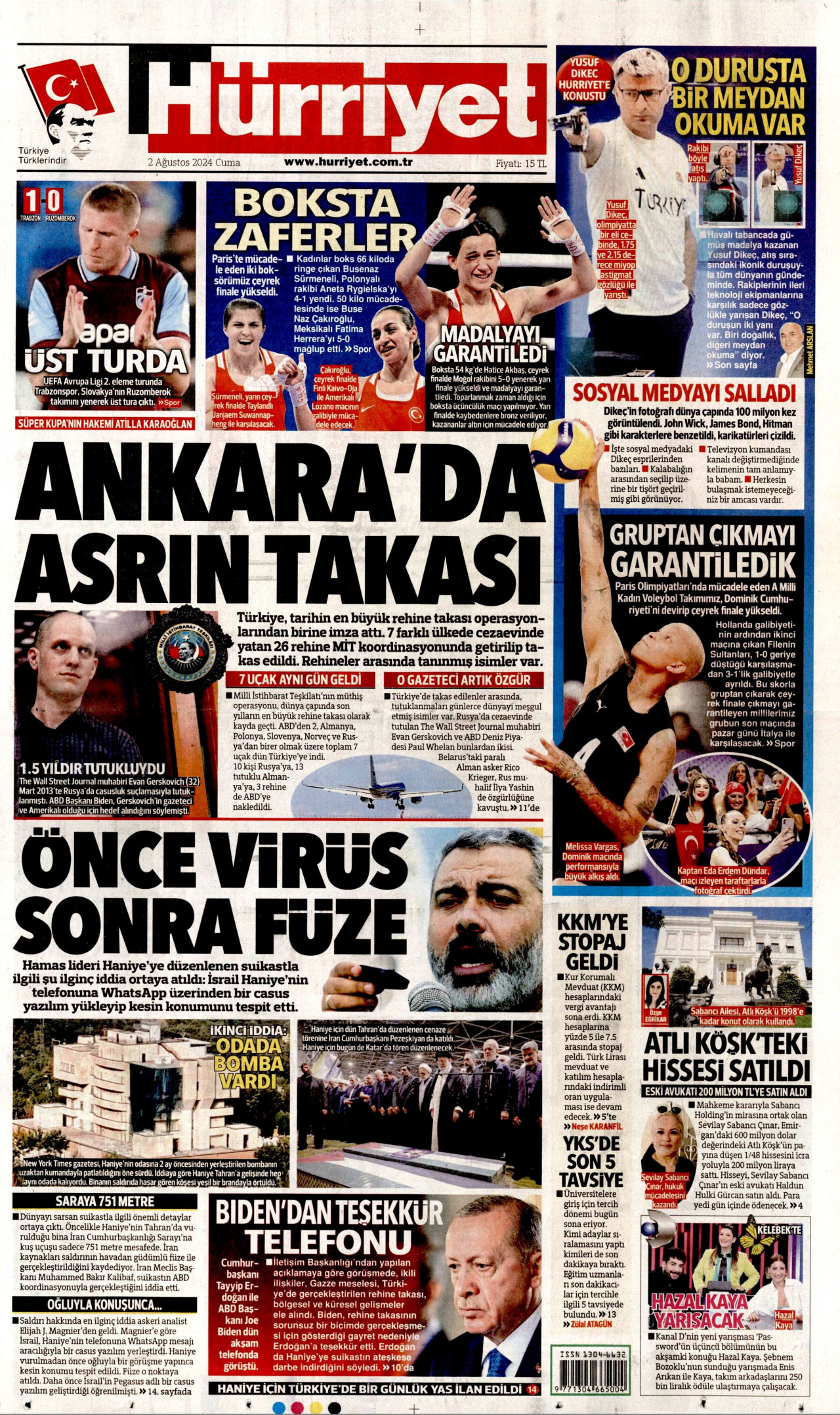 HÜRRİYET gazetesinin 2 Ağustos 2024 tarihli birinci sayfası