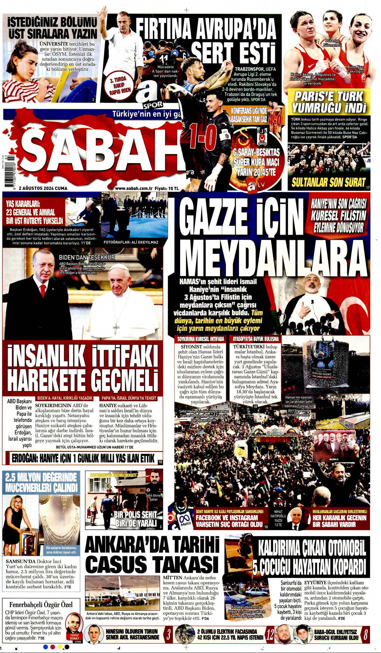 SABAH gazetesinin 2 Ağustos 2024 tarihli birinci sayfası