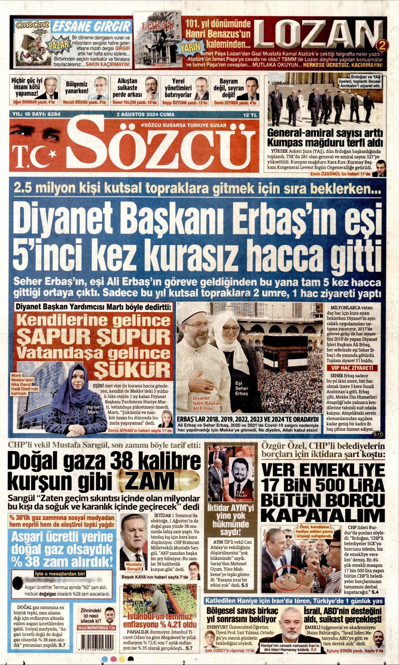 SÖZCÜ gazetesinin 2 Ağustos 2024 tarihli birinci sayfası