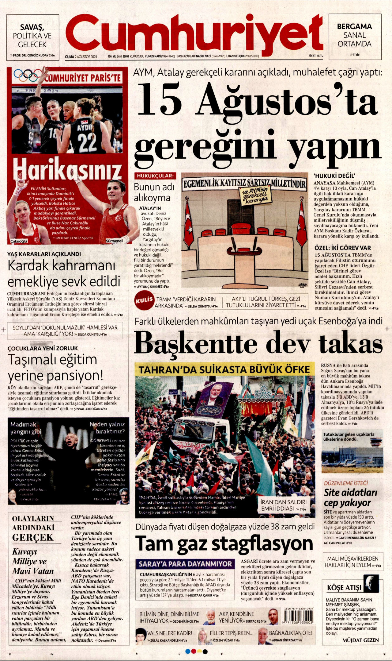 CUMHURİYET gazetesinin 2 Ağustos 2024 tarihli birinci sayfası