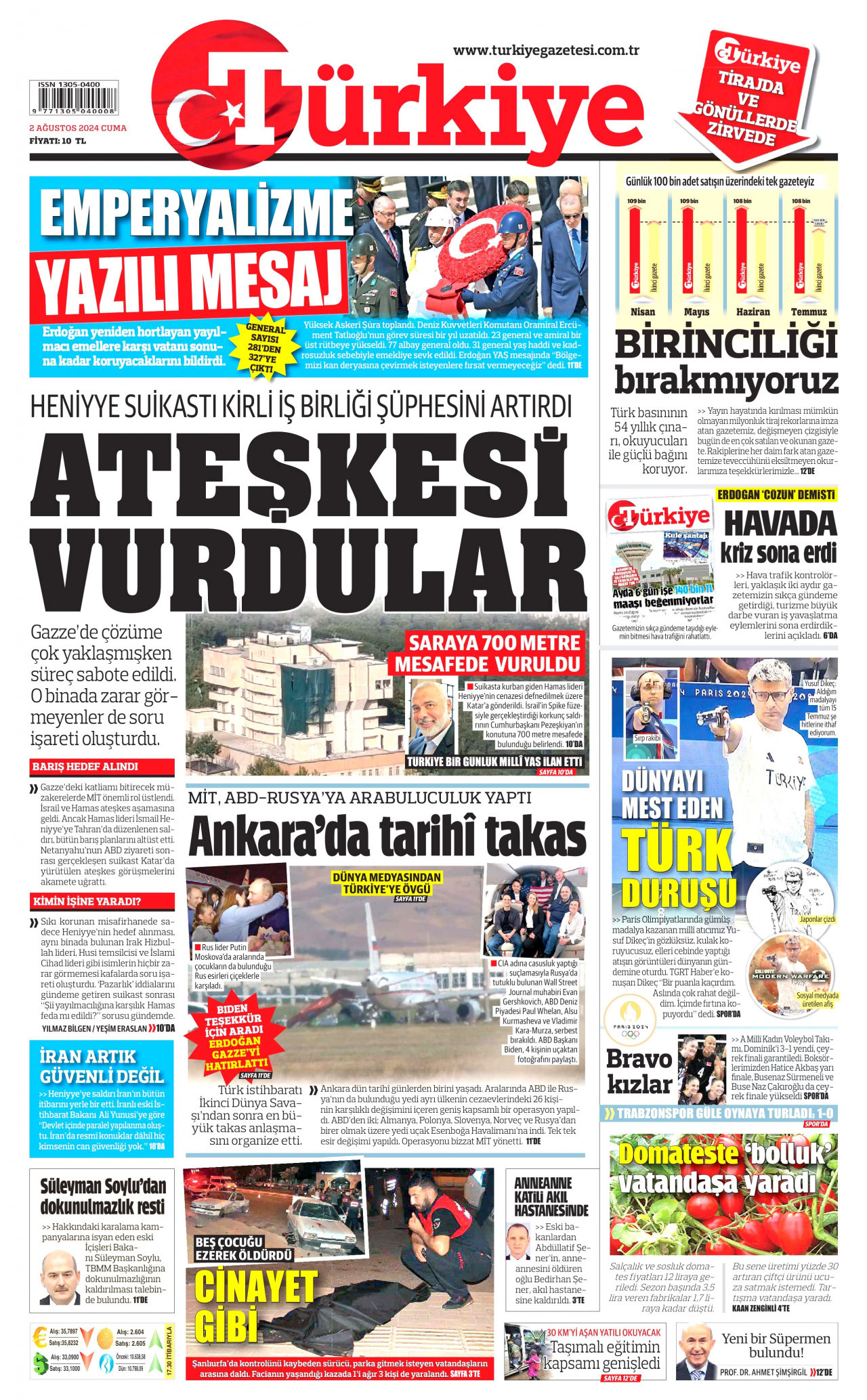 TÜRKİYE GAZETESİ gazetesinin 2 Ağustos 2024 tarihli birinci sayfası