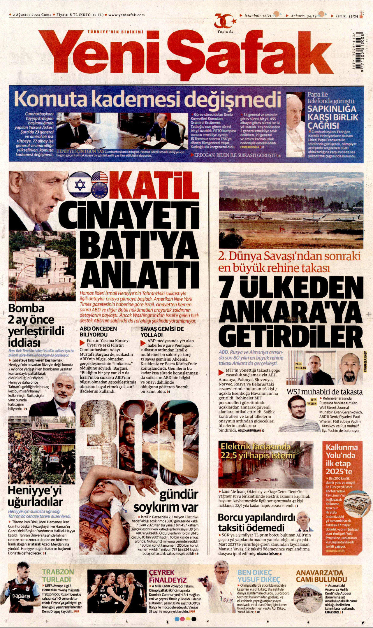 YENİ ŞAFAK gazetesinin 2 Ağustos 2024 tarihli birinci sayfası